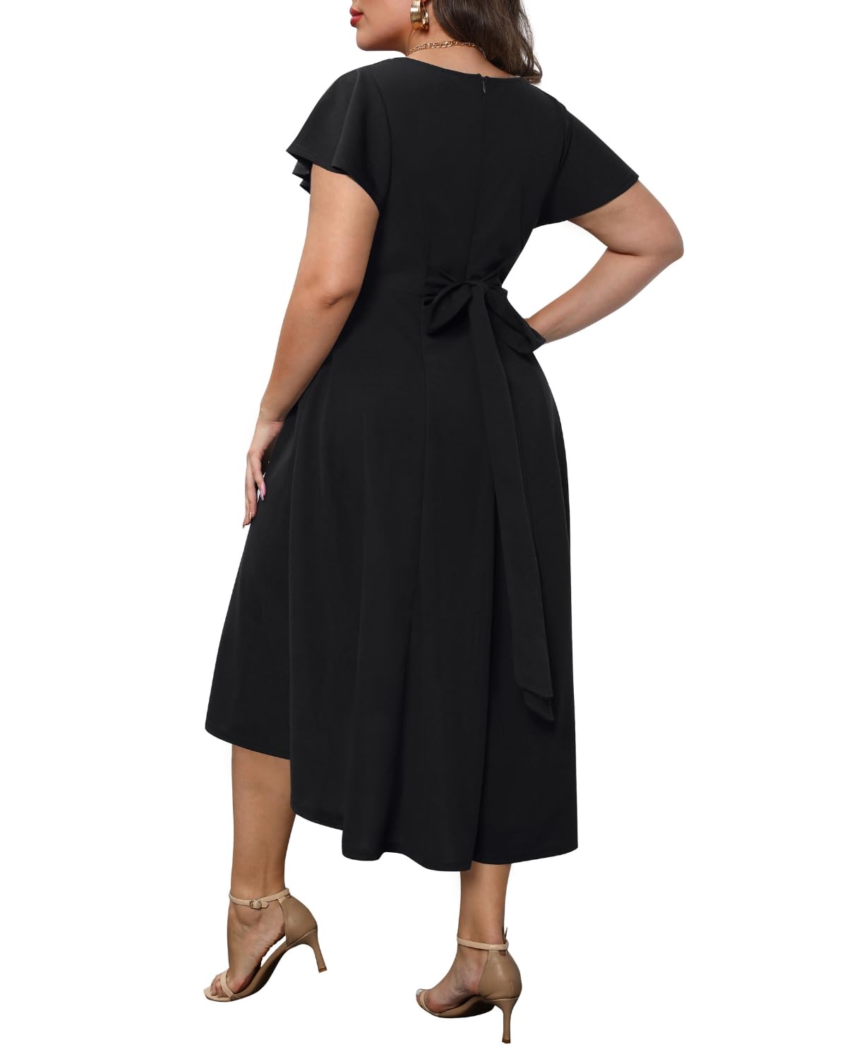 Elegant Plus Size Wedding Guest Dress with Flutter Sleeves & Pockets - Formal Cocktail Party High-Low Dress for Women | Perfect for Bridal Showers, Evening Events & Special Occasions