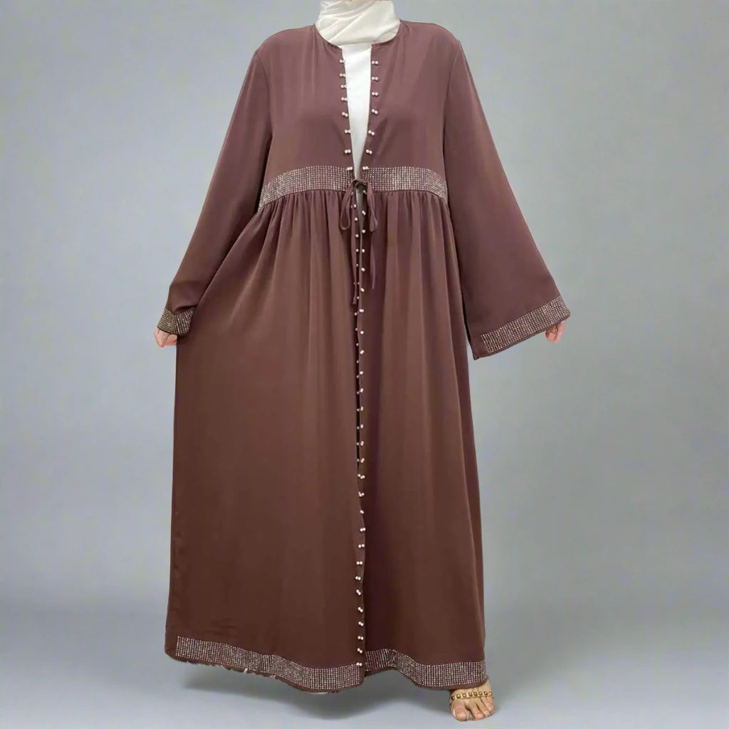 Hotfix Rhinestone Beaded Muslim Women's Cardigan Open Abaya Dress - Elegant Islamic Prayer Wear for Special Occasions & Daily Use