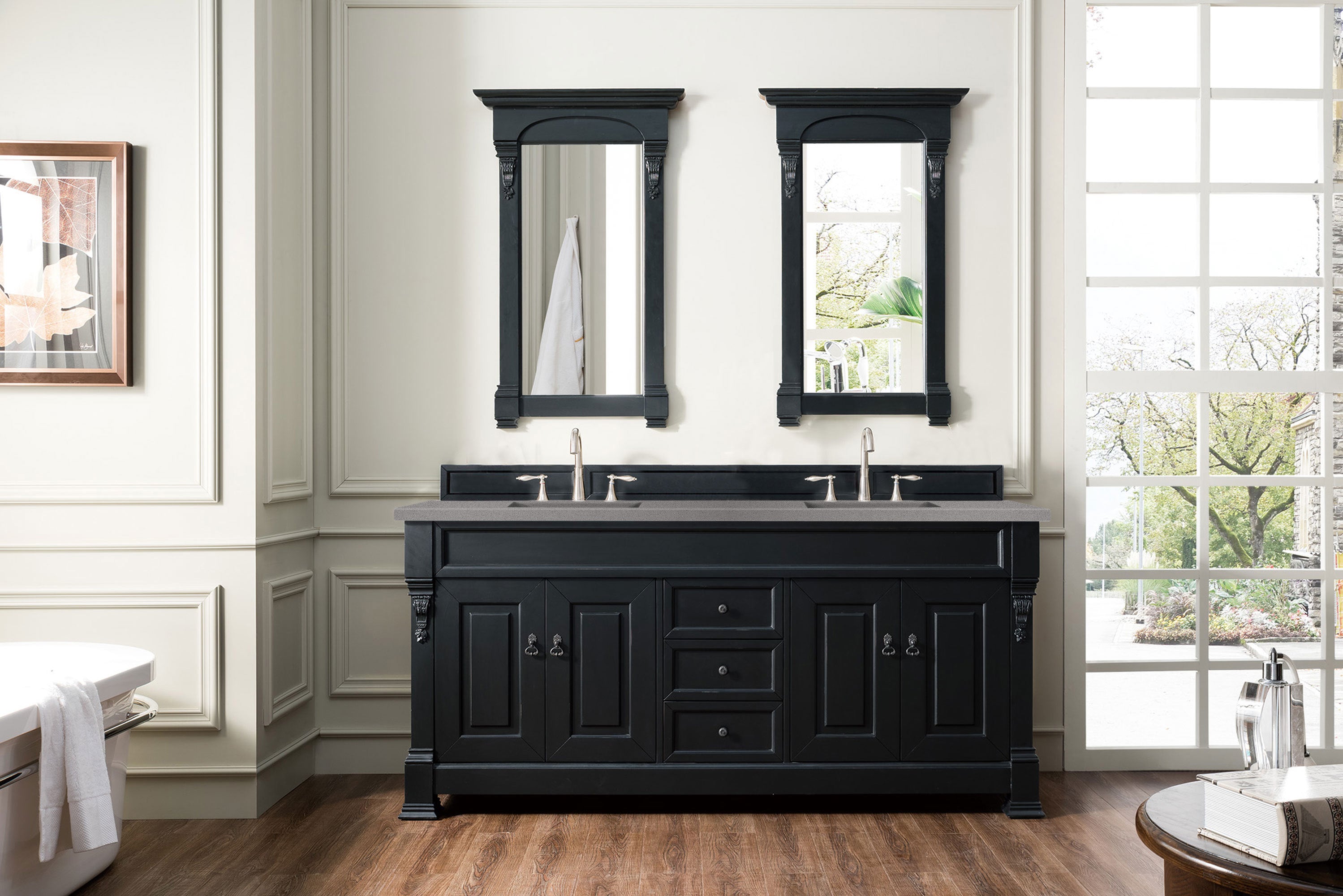 Brookfield 72 Inch Double Bathroom Vanity with Antique Black Finish & 3CM Grey Expo Quartz Top - Perfect for Master Bathroom or Guest Bath Renovation