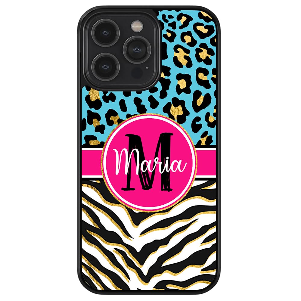 Blue Gold Foil Leopard Zebra Print Personalized Black Rubber Phone Case for Apple iPhone 16/15/14/13/12 Pro Max Plus & 11/X/8/7 Plus - Stylish Protective Cover for Everyday Use, Work & Travel