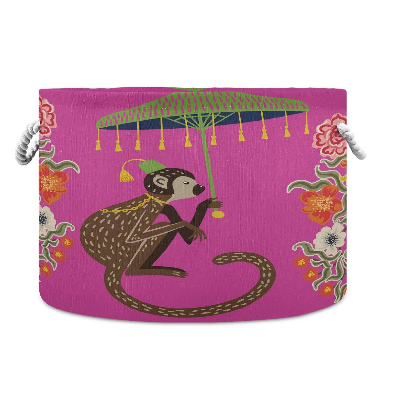Chinese Style Monkey with Umbrella Pink Round Collapsible Waterproof Storage Basket - Large Laundry Hamper & Nursery Organizer with Handles for Baby Clothes, Toys, Bedroom & Closet Storage - Perfect for Nursery Decor, Baby Shower Gifts & Home Organization