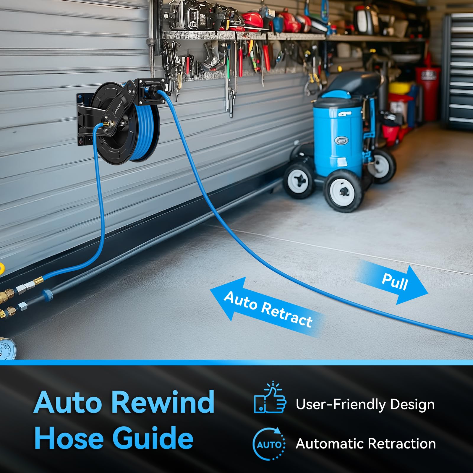 **65 ft x 3/8 in Retractable Air Hose Reel – Heavy Duty Hybrid Air Hose (300 PSI Max) with Auto Rewind & Dual Arms – Wall/Ceiling Mount for Garage, Workshop, Home Studio – Ideal for Air Compressors, Tire Inflation, and DIY Projects**