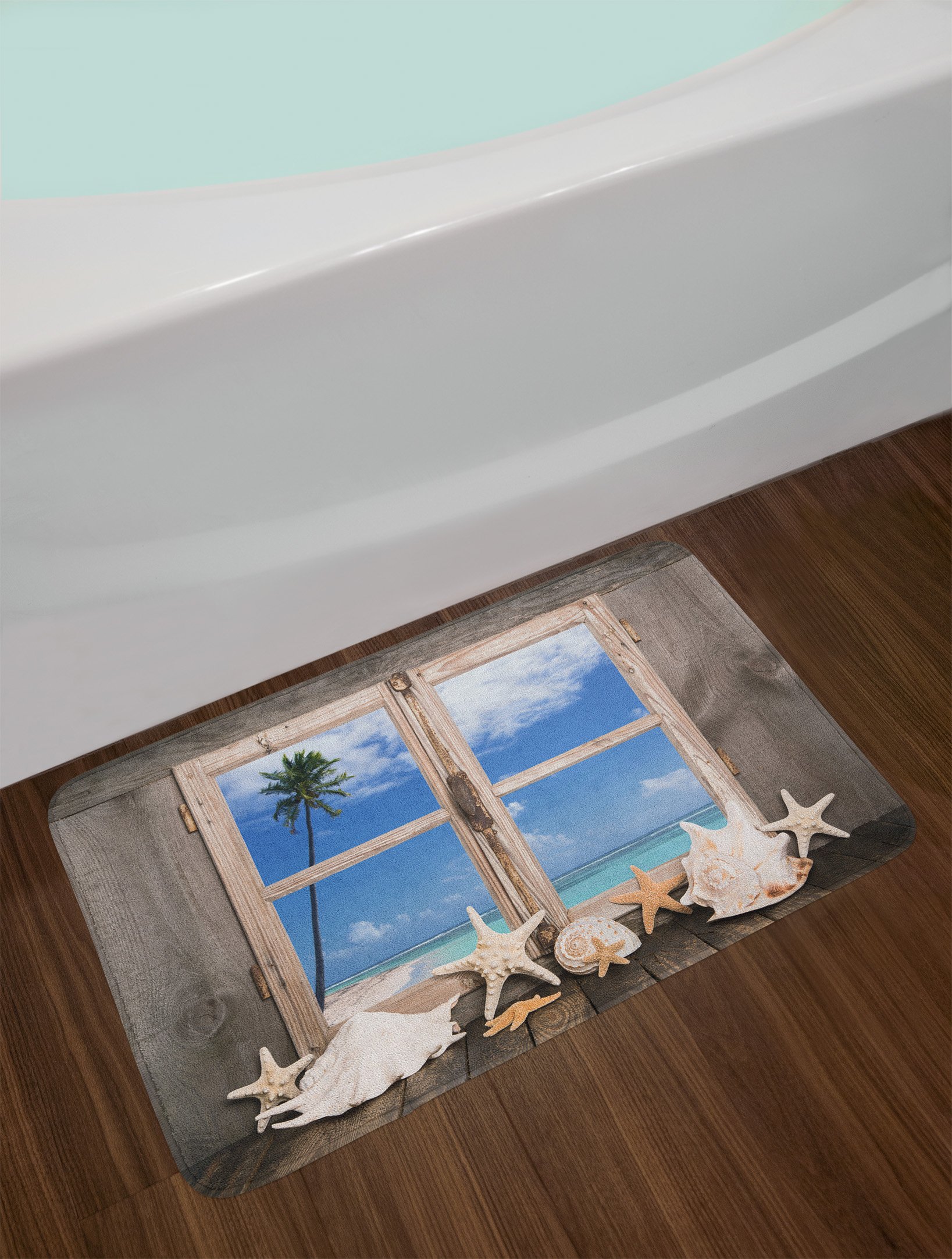 Ambesonne Non-Slip Beach Bath Mat - Seashells Starfish Palm Tree Ocean Print, Plush Bathroom Decor Mat, 30.2