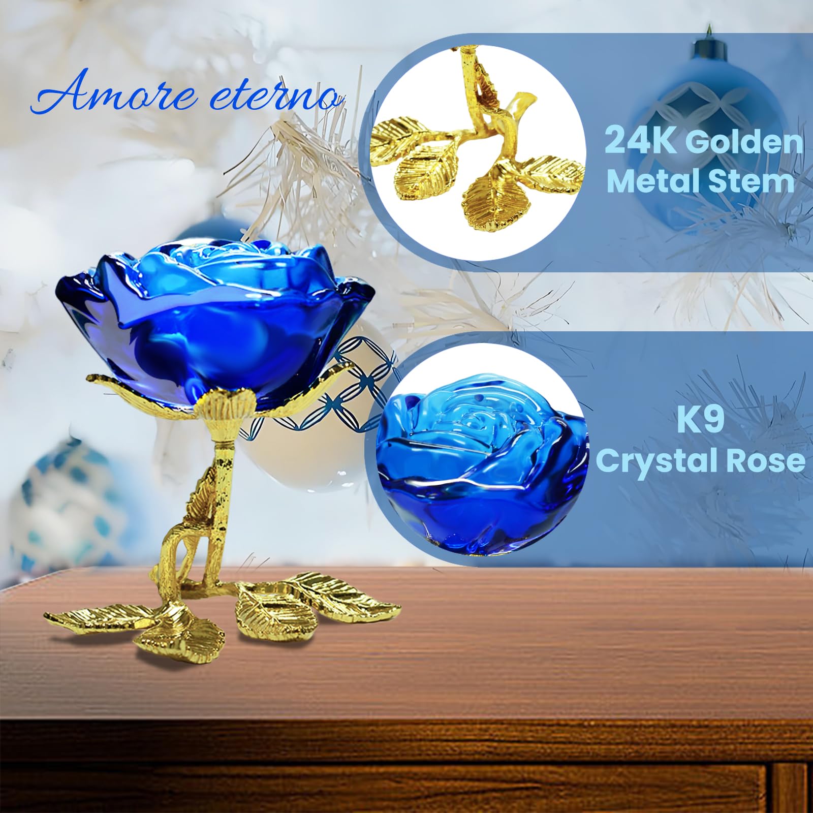 Blue Crystal Rose Gift for Women - Elegant Glass Rose with Golden Leaves, Unique Present for Girlfriend, Wife, Mom | Perfect for Valentine's Day, Mother's Day, Christmas, Birthday, Anniversary | Home Decor, Wedding Centerpiece, Romantic Gift Idea