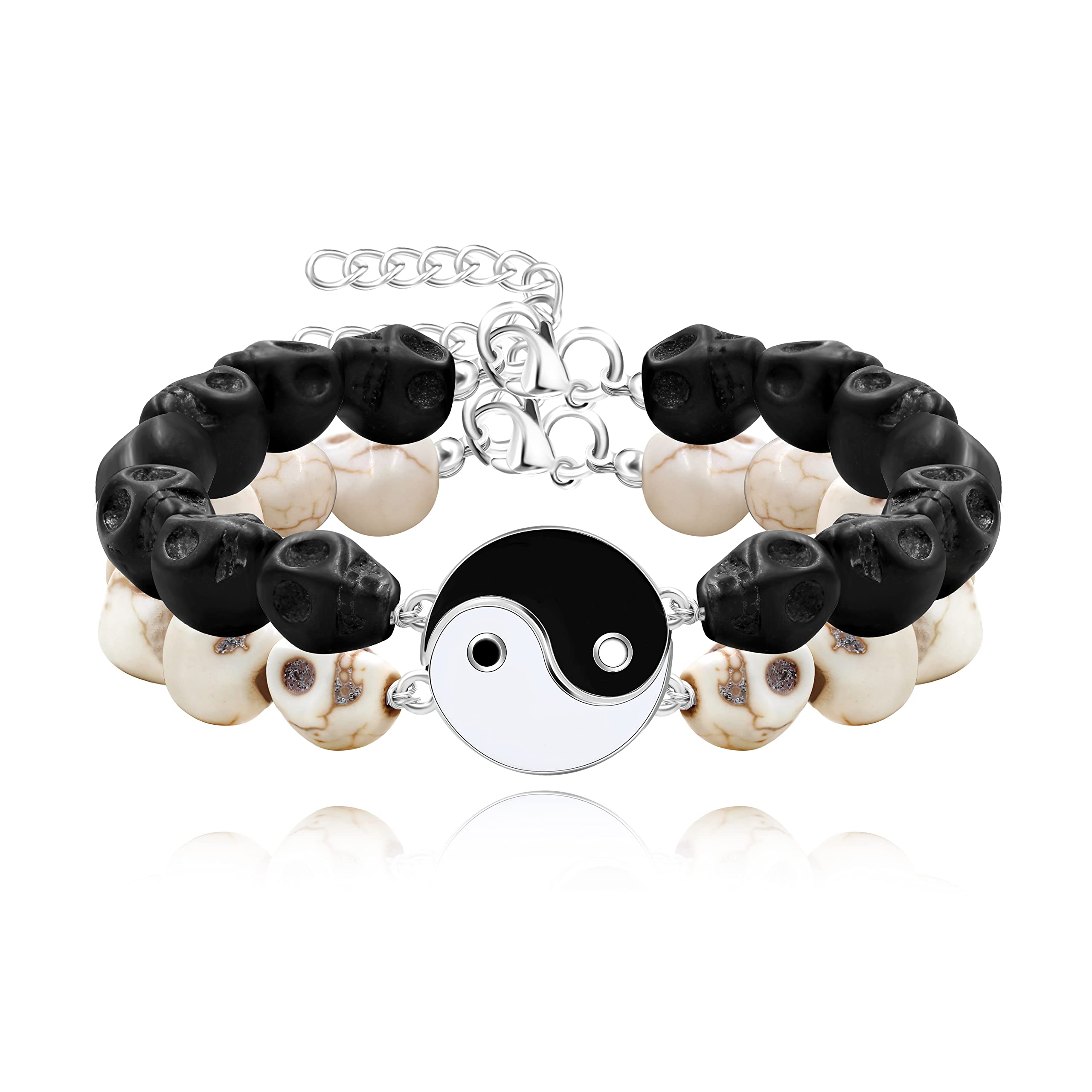 Black and White Skull Beads Yin Yang Bracelet Set for Couples - His and Her Matching Puzzle Bracelets for Men & Women Y2472 - Perfect for Anniversaries, Valentine's Day Gifts and Couple Fashion Accessories