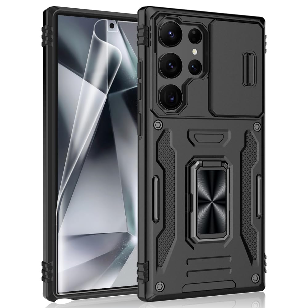 Shockproof Samsung Galaxy S24 Ultra Case with Sliding Camera Cover, Ring Holder & Kickstand - Includes Screen Protector for Galaxy S24 Ultra 5G (6.8 Inch, 2024 Model) - Perfect for Outdoor Activities, Travel & Daily Protection [Black]