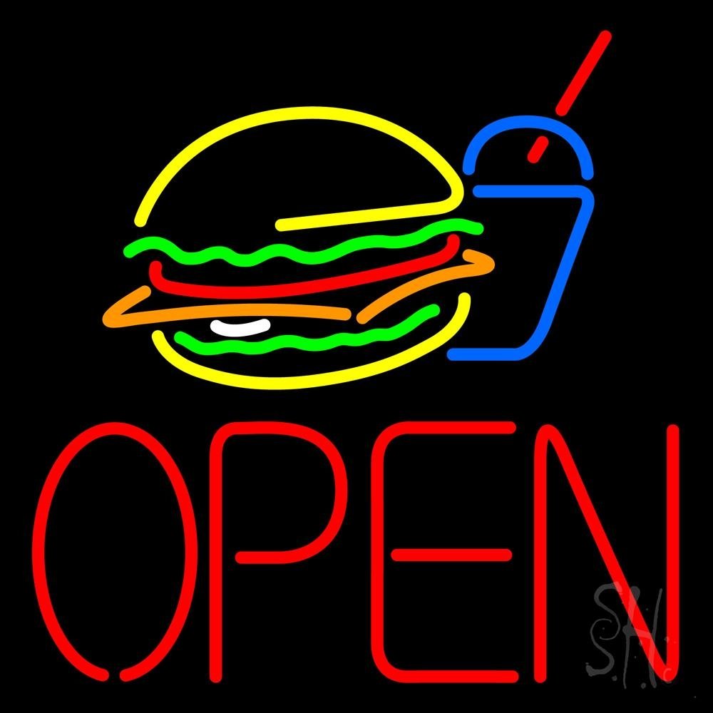 24x24 Inch Burger and Drink Open LED Neon Sign with Dimmer - Black Square Cut Acrylic Backing for Restaurant, Bar & Cafe Decor - Bright Indoor Wall Art for Window Display & Interior Lighting