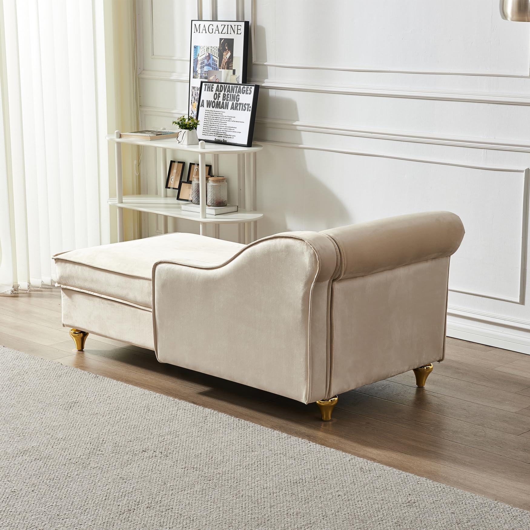 Modern Velvet Upholstered Chaise Lounge Chair with Storage & Bolster Pillow - Retro Metal Legs Sleeper Sofa Recliner for Bedroom, Office & Living Room - Beige | Cozy Reading Nook, Guest Bed & Relaxation Spot