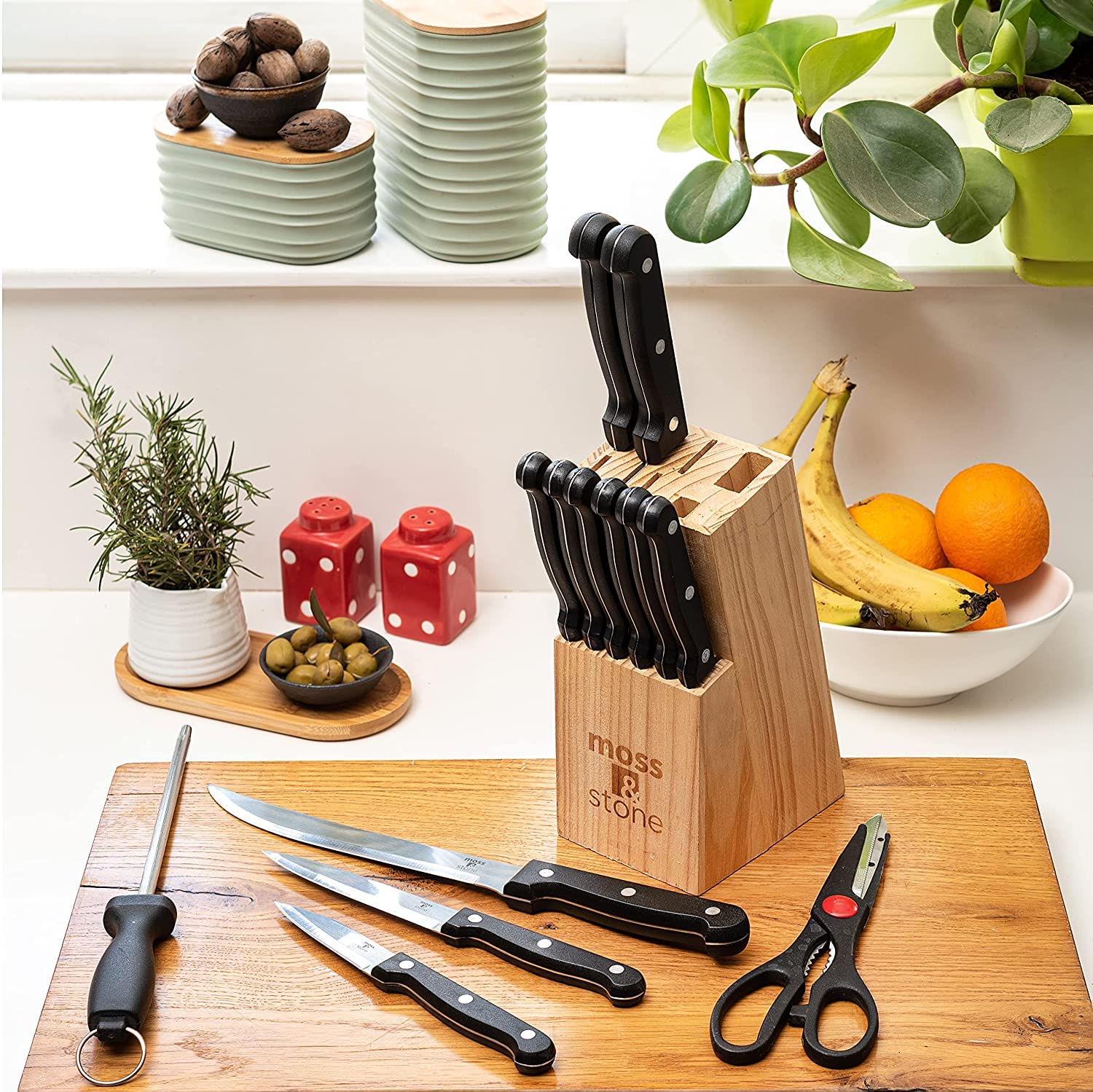 Premium 14-Piece Stainless Steel Knife Block Set - High-Carbon Steel Kitchen Knives with Wooden Holder - Sharp Cutlery Set for Professional Chefs & Home Cooking - Perfect for Meat Cutting, Vegetable Chopping & Food Prep