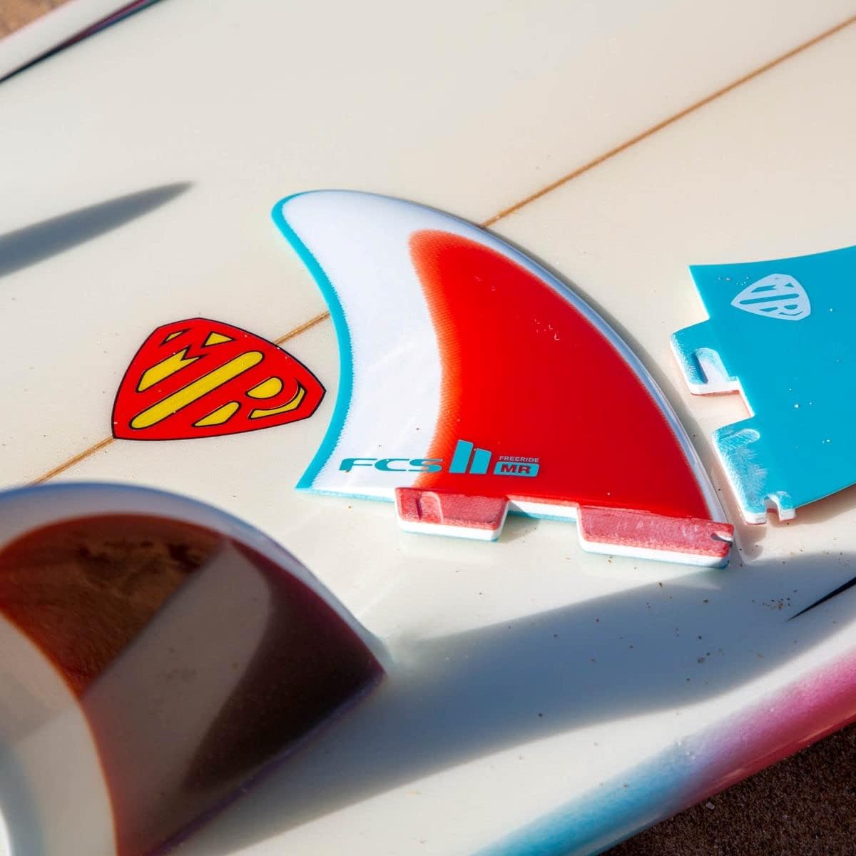 FCS II MR Freeride PG Twin Surfboard Fins - Blue/Red/White - High Performance for All Wave Conditions - Perfect for Surfing, Freeriding, and Twin Fin Setups