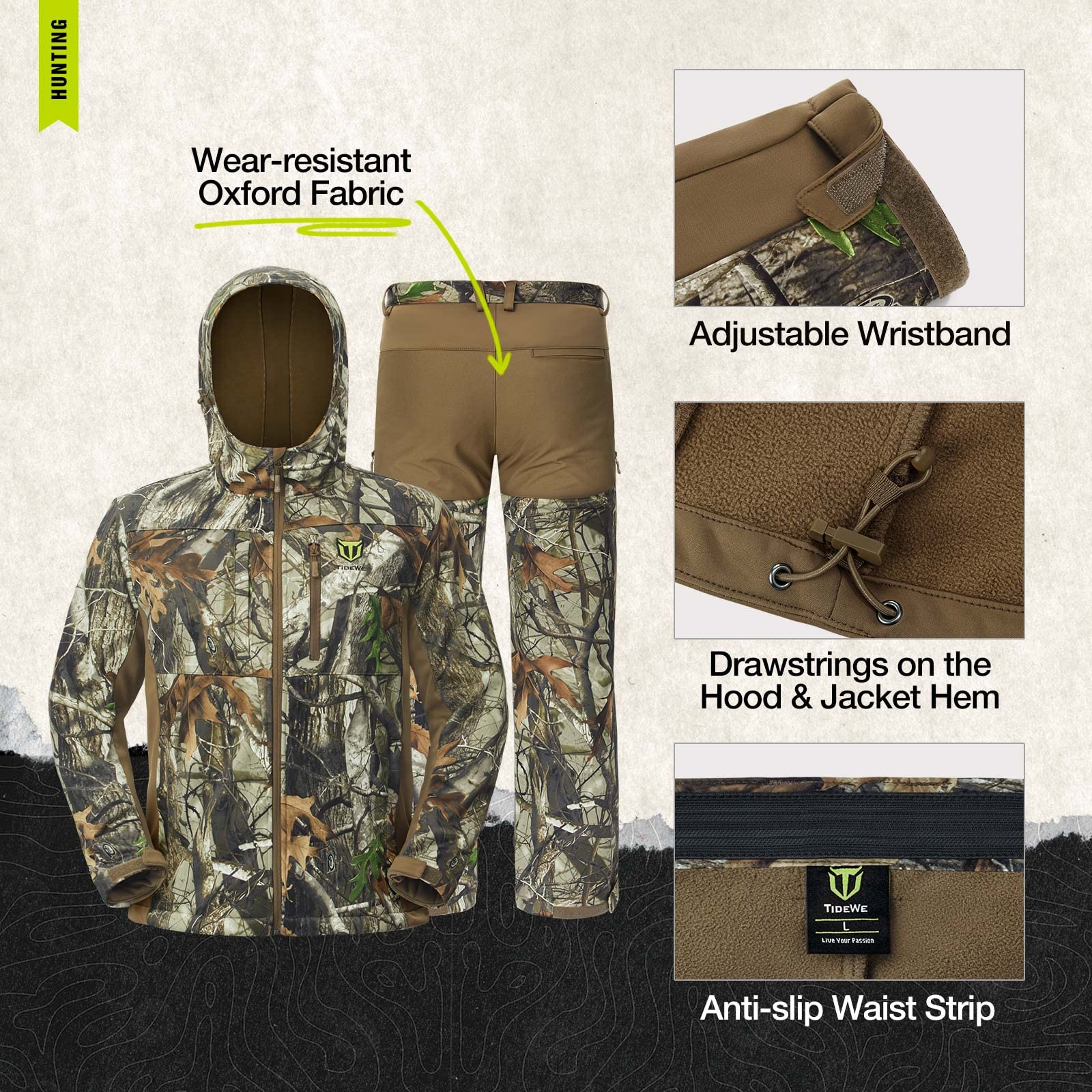 TIDEWE Men's Fleece-Lined Hunting Jacket & Pants Set - Water Resistant, Silent Camo Gear with Safety Strap Compatibility | Ideal for Deer Hunting, Outdoor Adventures & Cold Weather Activities