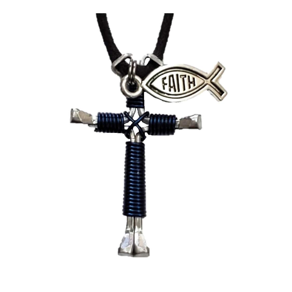 Navy Horseshoe Nail Cross Pendant Necklace with Faith Fish Charm - Religious Jewelry for Women, Christian Gift for Baptism, Confirmation & Daily Wear