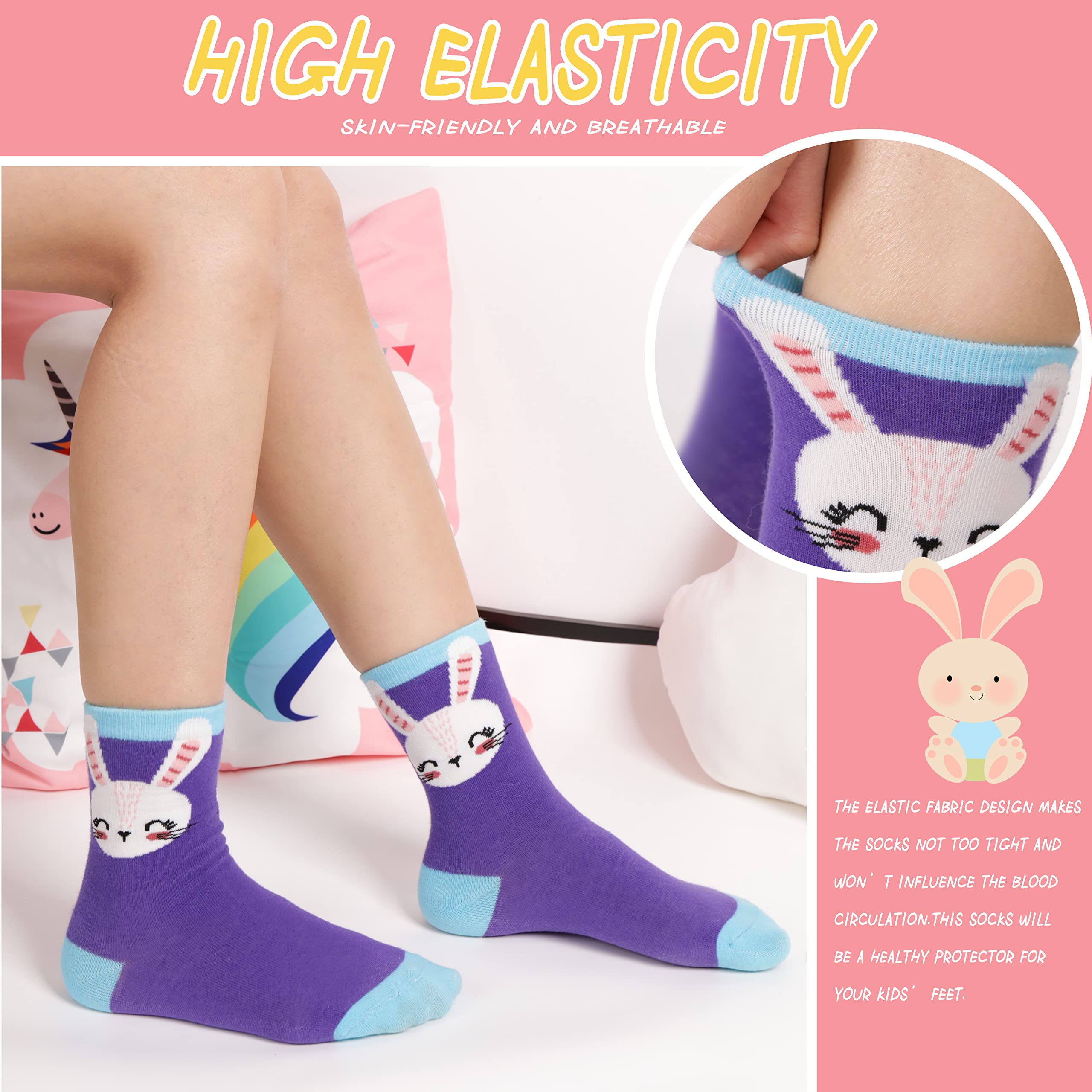 Cute Girls' Bunny Crew Socks - 6 Pairs Soft Cotton Fun Novelty Socks for Kids Ages 5-8 (Blue) - Perfect for Easter Gifts, Stocking Stuffers & Everyday Playtime