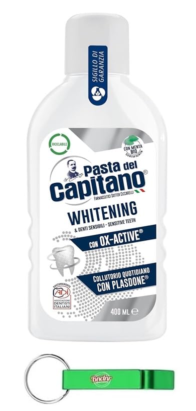 8 x Pasta del Capitano Whitening Mouthwash for Sensitive Teeth – 400 ml with Free Culinary Keychain | Freshens Breath & Whitens Teeth | Ideal for Home, Travel & Daily Oral Care
