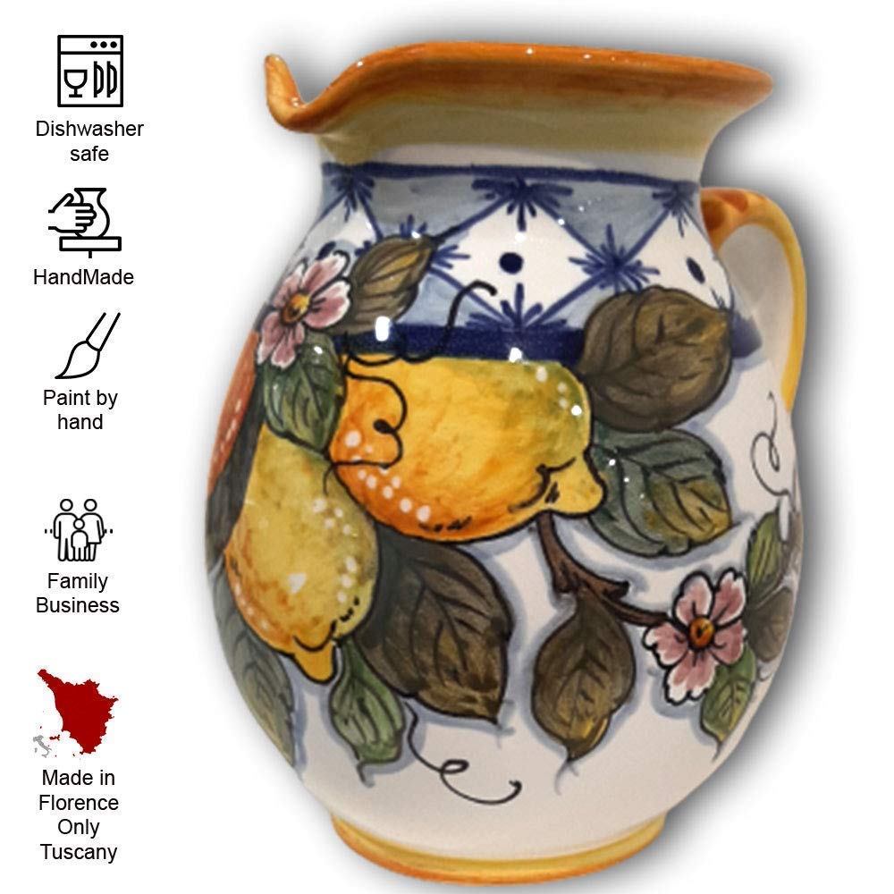 Hand-Painted Italian Ceramic Pitcher Lemon Design - 33 oz Tuscan Kitchen Carafe, Utensil Holder & Wine Dispenser - Authentic Italian Pottery Vase for Home Decor | Perfect for Farmhouse Kitchens, Italian Restaurants & Gift Giving