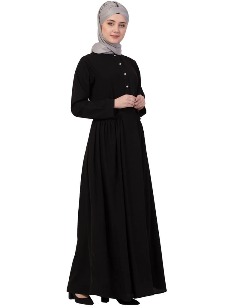 Elegant Black Arabic Front Gathered Pocket Casual Abaya Dress for Women - Perfect for Daily Wear, Prayer, and Special Occasions