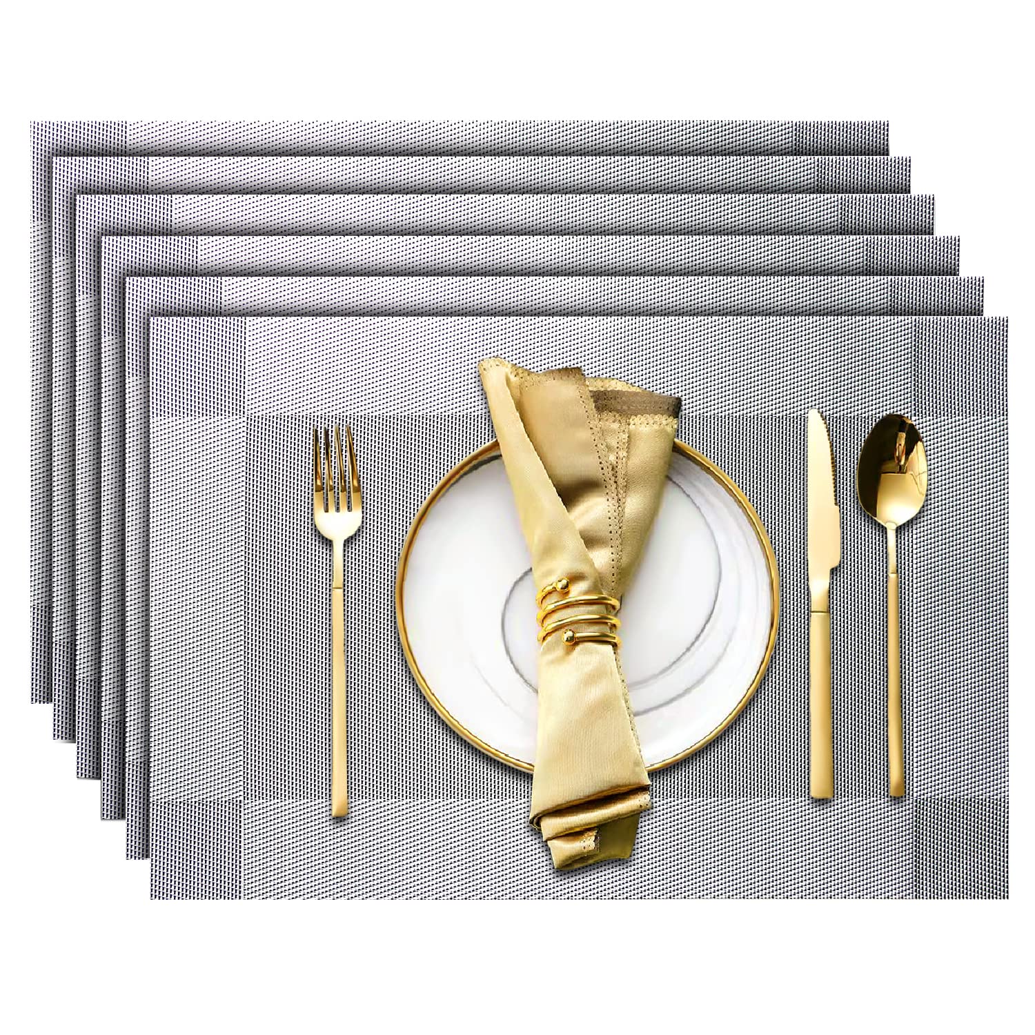 6-Pack Heat-Resistant Woven PVC Placemats - Non-Slip, Stain-Resistant & Washable Vinyl Table Mats for Kitchen Dining - Easy to Clean Silver Placemat Set (Perfect for Everyday Meals, Dinner Parties & Holiday Gatherings)