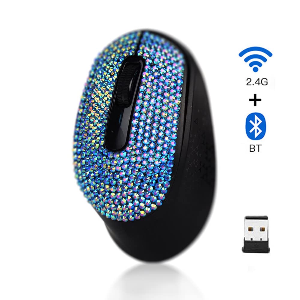 Bling Bluetooth Wireless Mouse with Sparkle Rhinestones - Dual Mode Bluetooth & USB Receiver, 1500 DPI Adjustable for Laptop, PC, Mac, Tablet - Perfect for Office Work, Gaming & Travel (Blue)