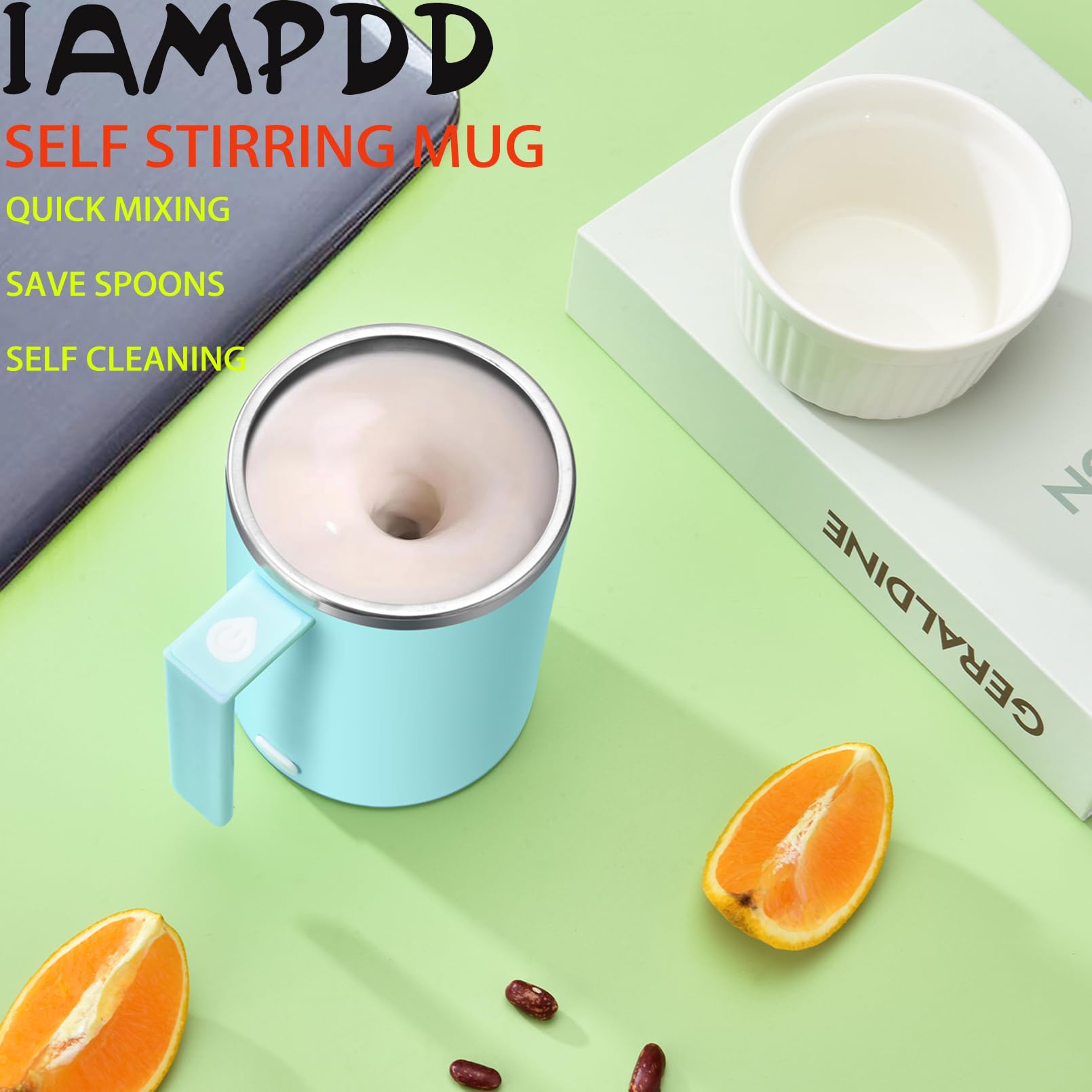 Self Stirring Mug - 350ml/12oz Stainless Steel Auto Mixing Cup for Coffee, Tea, Hot Chocolate & Milk - Perfect for Office, Kitchen, Travel & Home Use - Ideal Gift (Green) - Enjoy Hands-Free Stirring While Working, Cooking or Relaxing