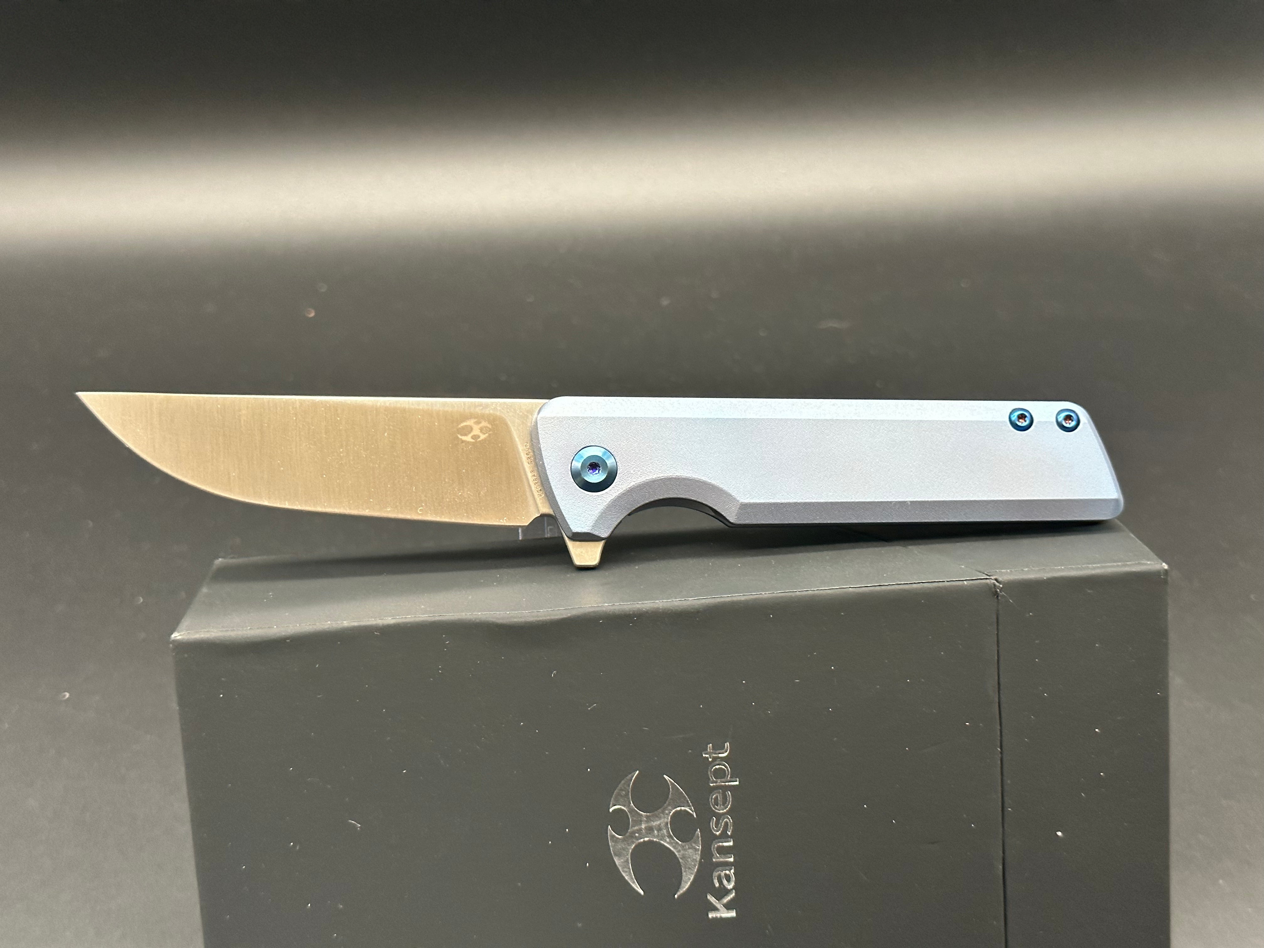 KANSEPT ANOMALY Folding Pocket Knife - Blue Orange Peel Titanium Handle, S35VN Steel Blade - EDC, Camping, Outdoor Survival Gear
