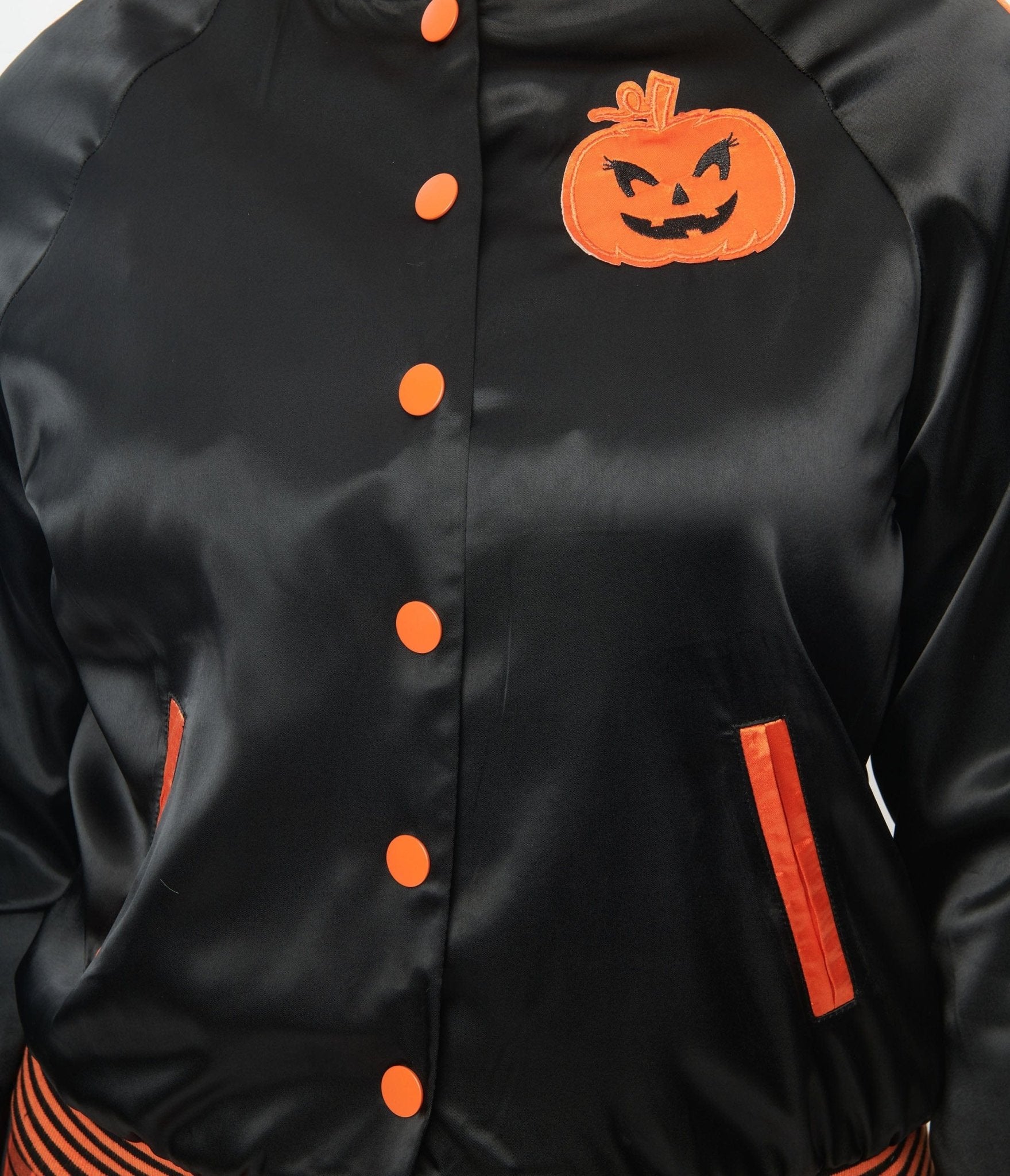 Unique Vintage Black & Orange Scream Queen Satin Bomber Jacket | Halloween Costume, Cosplay, Horror Movie Outfit, 80s Retro Fashion