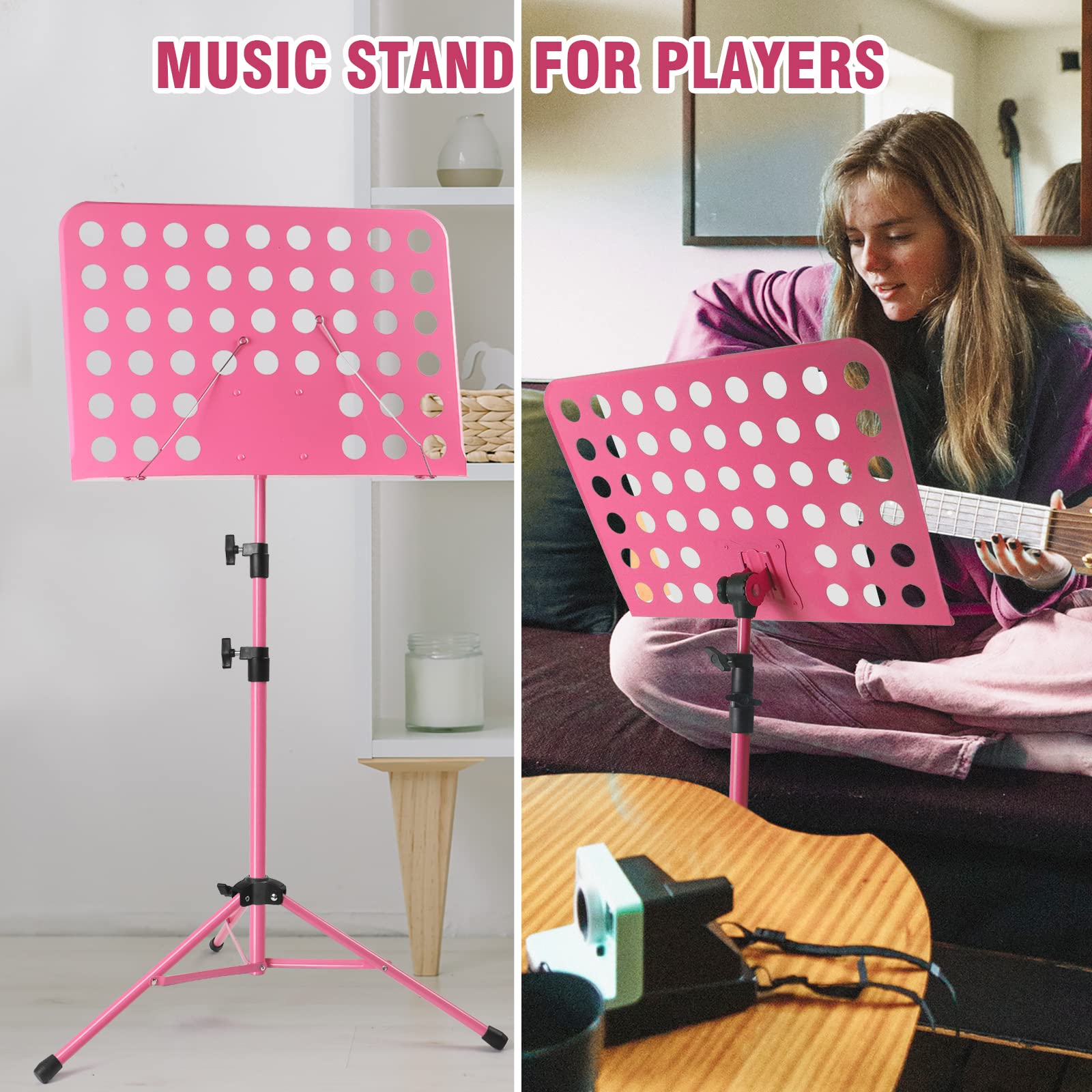 Lotmusic Pink Portable Music Stand - Foldable & Height-Adjustable Sheet Music Holder with Carrying Bag, Clip & Light | Perfect for Piano, Violin Practice & Travel | Home, School & Outdoor Use