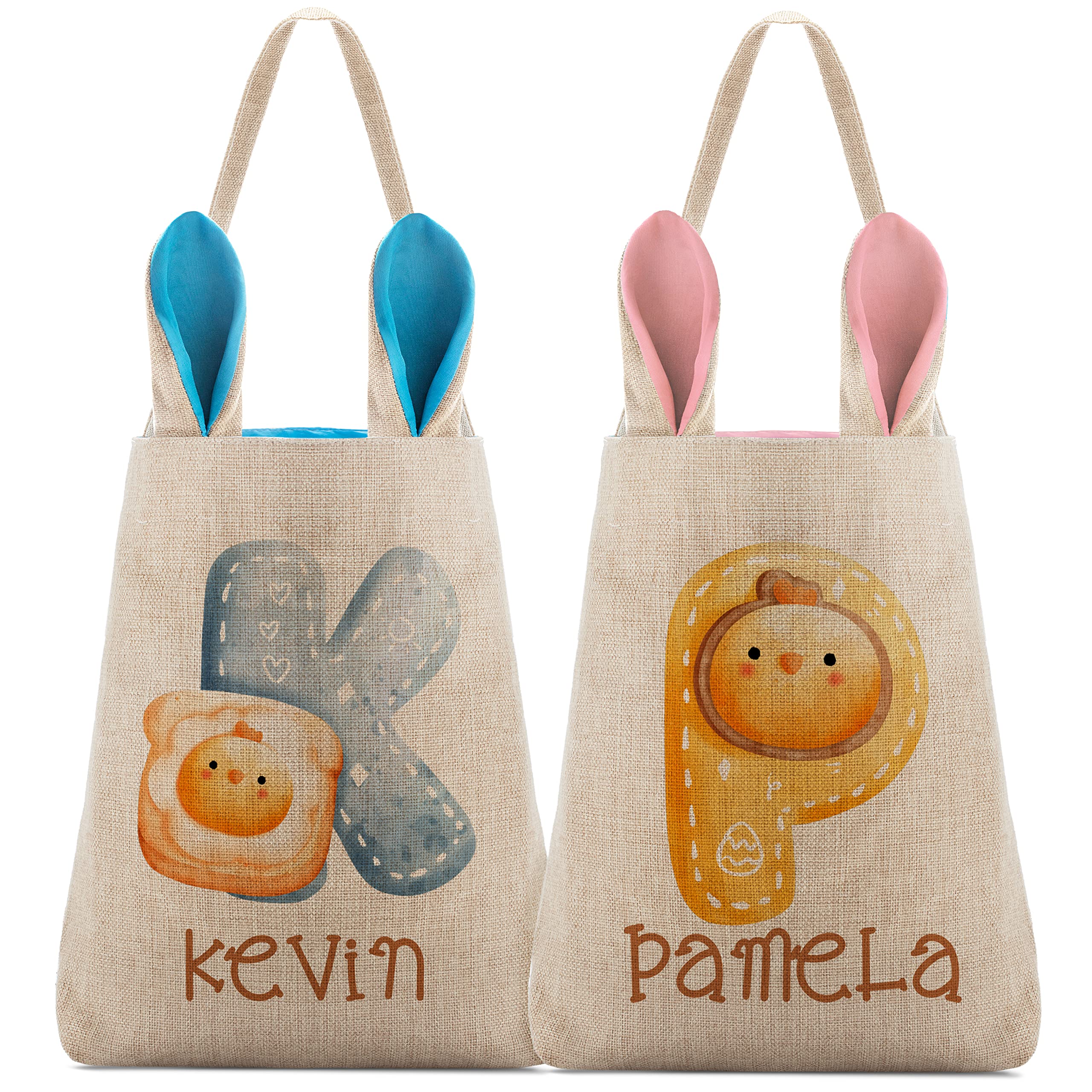 Personalized Easter Baskets for Boys & Girls - Set of 2 Custom Bunny Ear Tote Bags with Name & Initial (Pink/Blue) - Easter Egg Hunt Baskets, Kids Easter Gift Bags, Candy Holder for Holiday Parties & Spring Celebrations