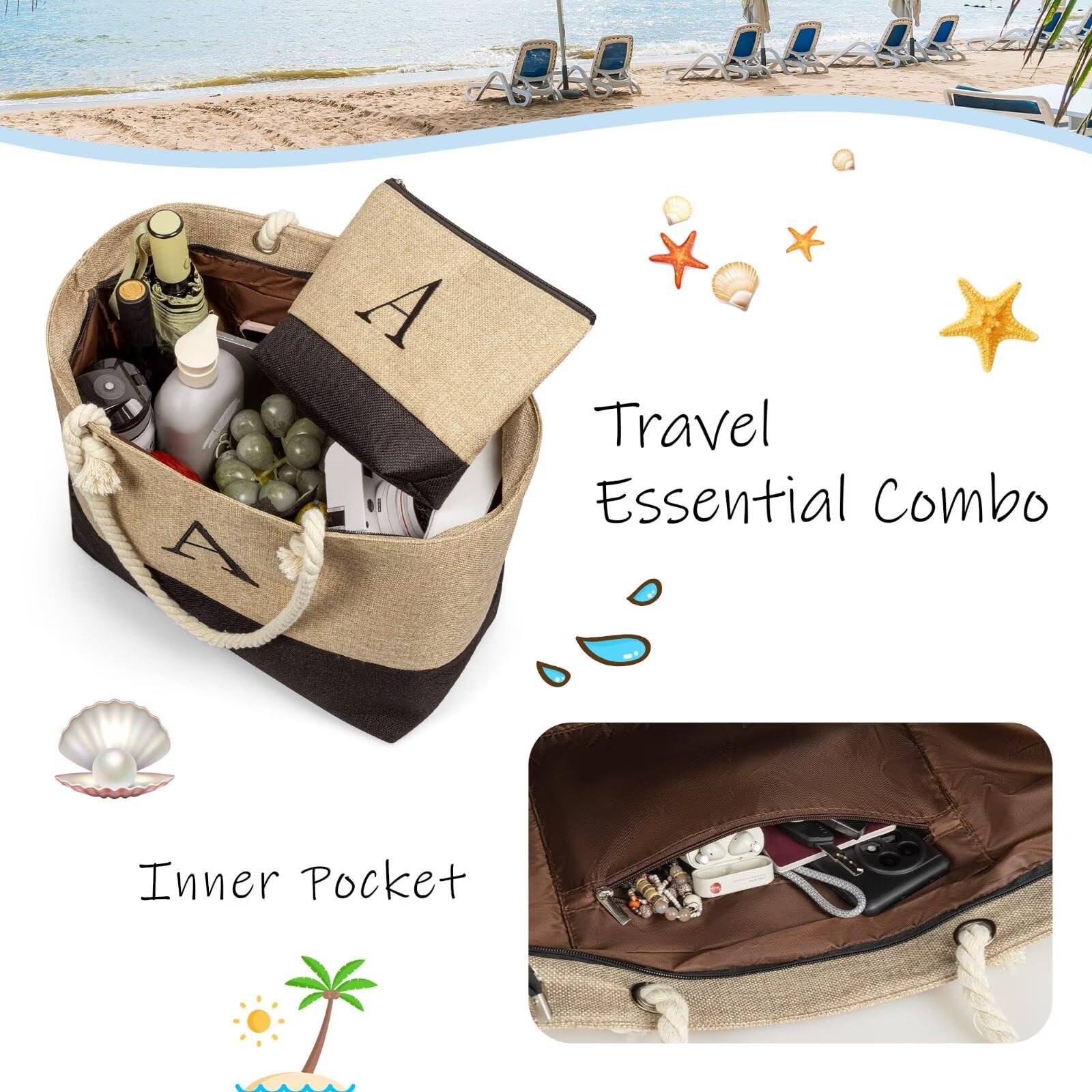 TOPEAST Christmas Gifts for Women - Stylish Beach Tote Bag with Matching Makeup Pouch | Perfect Travel Essential & Holiday Present for Mom, Wife, Best Friend | Great for Beach Vacations, Pool Parties & Summer Getaways