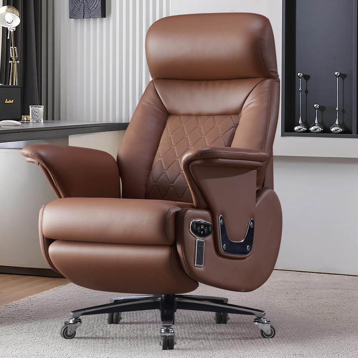 Premium Genuine Leather Power Recliner Office Chair - Kinnls Luca Ergonomic Executive Desk Chair with Adjustable Tilt & Full Reclining, Modern Minimalist Design for Home Office, Gaming, or Workspace (Brown)