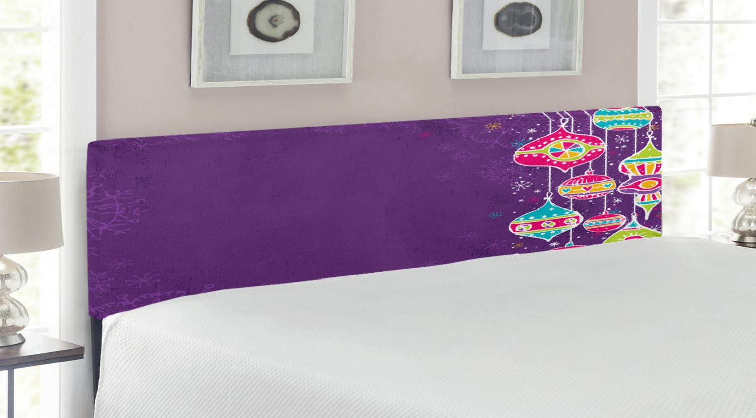 Ambesonne Christmas Headboard - Colorful Doodle Traditional Holiday Design with Memory Foam | Upholstered Decorative Metal Bed Frame for King Size Beds | Perfect for Bedroom Decor & Seasonal Festive Home Styling