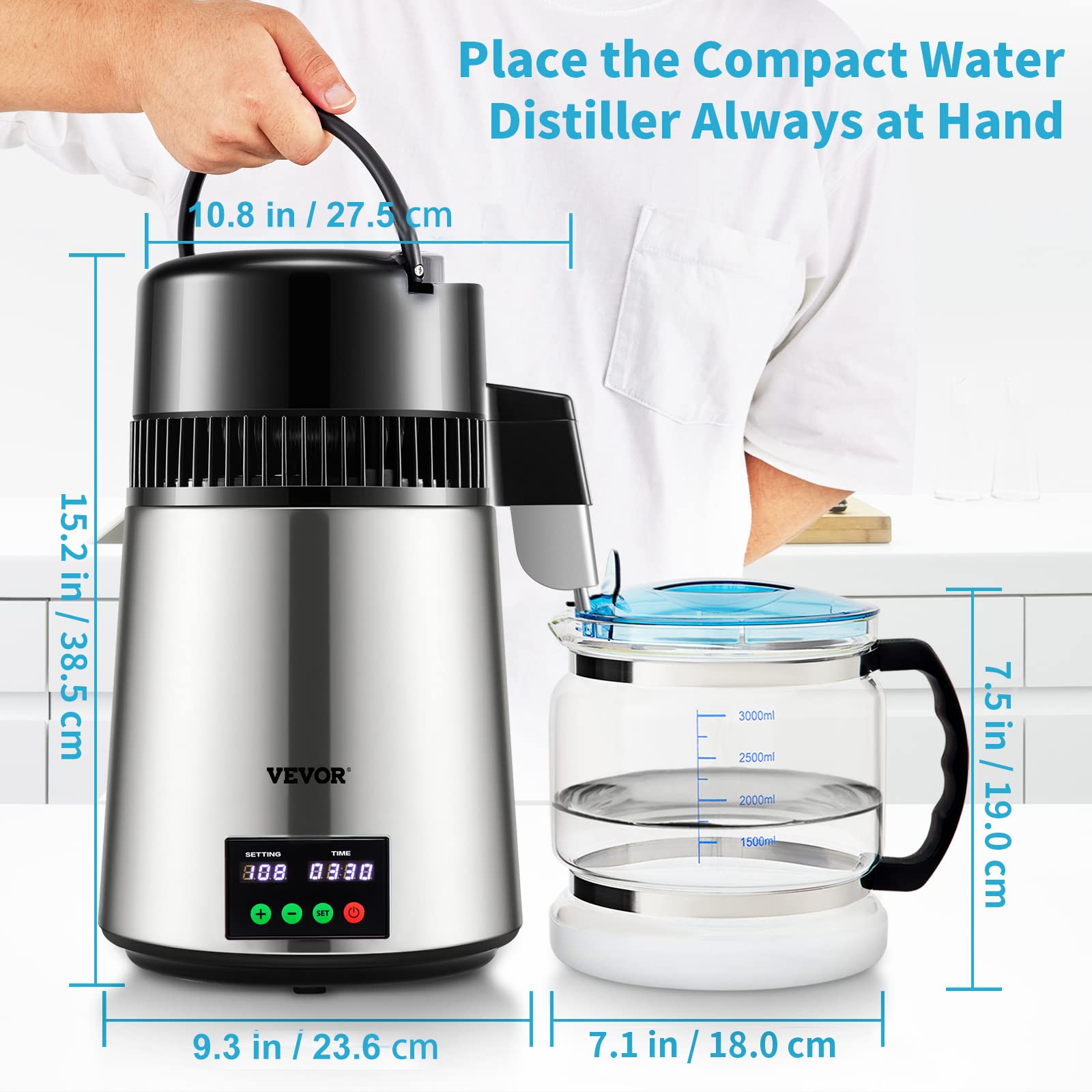 VEVOR 1.1 Gallon Countertop Water Distiller Machine - 750W Stainless Steel with Glass Carafe, 0.3 Gal/Hour Output & Digital Display - Includes Cleaning Powder & 3 Carbon Filters for Home, Office, or Emergency Preparedness