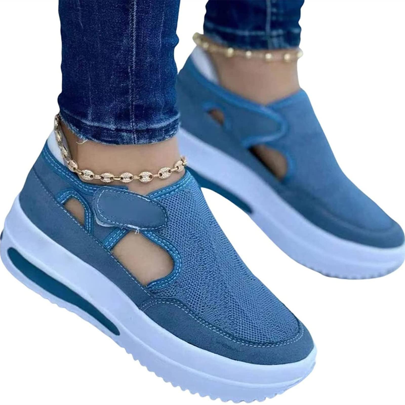 Women's Breathable Casual Sneakers - Lightweight Sport Shoes with Velcro & Mesh Design for Walking, Running & Outdoor Activities (Blue, Size 40) - Perfect for Gym, Travel & Everyday Wear