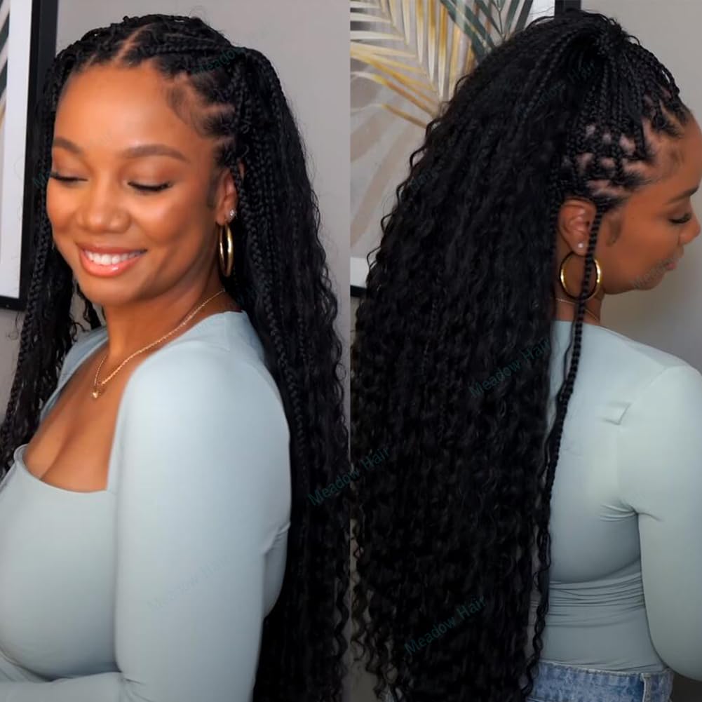 24Inch 80 Strands Crochet Boho Box Braids with Human Hair Curls - Pre-Looped Synthetic Hair Box Braids with Deep Wave Ends for Black Women | Perfect for Protective Styling, Everyday Wear & Special Occasions