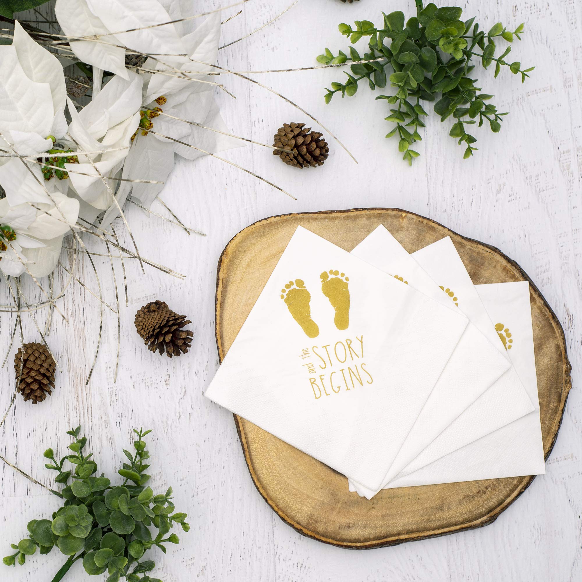 100 Premium Gold Baby Shower Napkins - 6.5 x 6.5 Inch Large Gender Reveal Party Supplies - 'And The Story Begins' Theme - Perfect for Baby Showers, Gender Reveal Parties & Celebrations