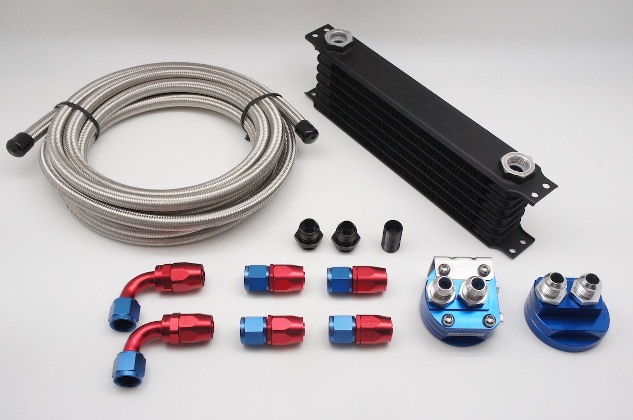 Autobahn88 7-Row Universal Oil Cooler Combo Kit with Relocation Adapter, 10ft SS Braided Hose & AN10 Fittings - Perfect for High-Performance Cars & Racing Applications