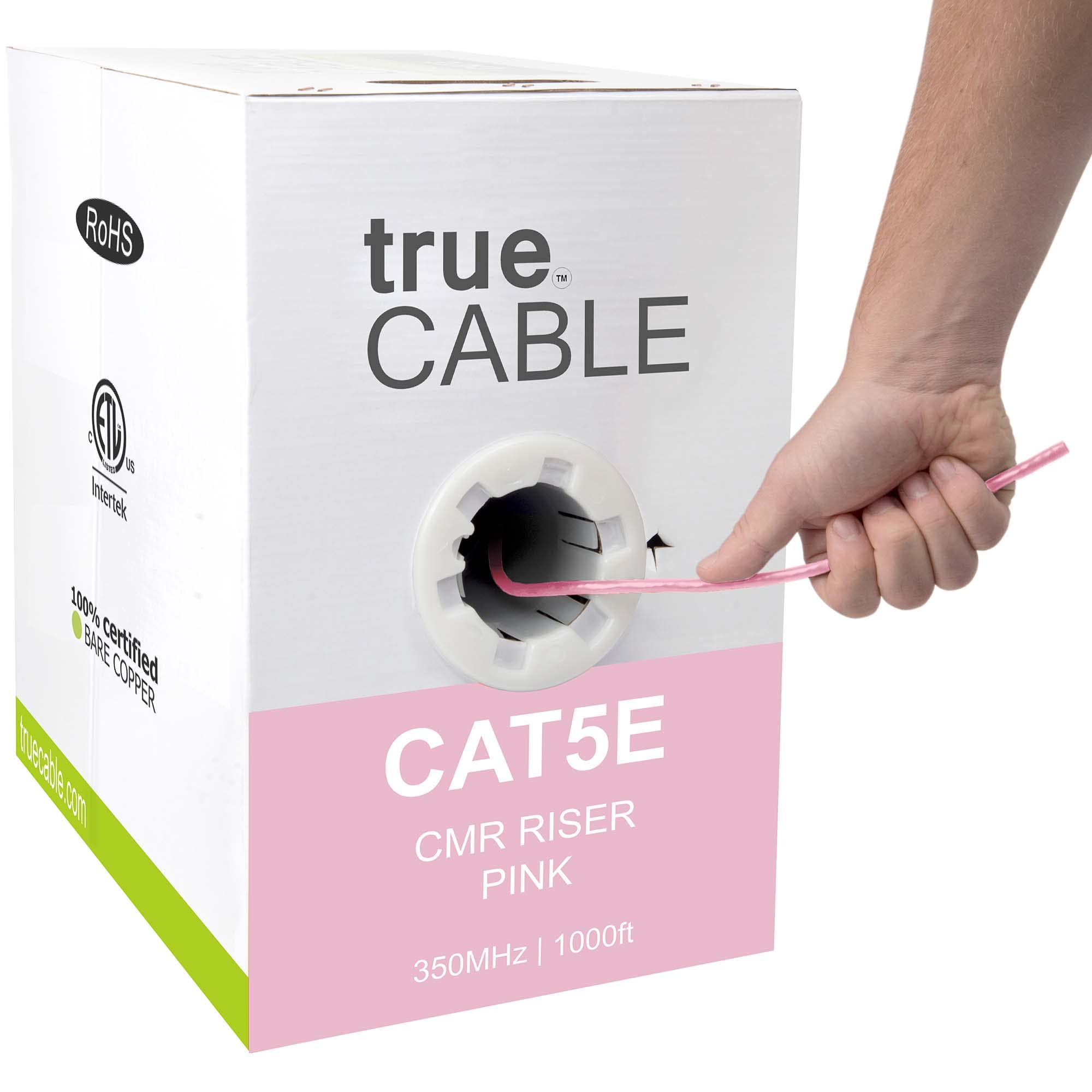 trueCABLE Cat5e Riser (CMR) 1000ft Pink 24AWG 4-Pair Solid Bare Copper Ethernet Cable - 350MHz, PoE++ (4PPoE) Support, ETL Listed UTP Bulk Cable for Home/Office Network Installations, Data Centers & Smart Home Devices