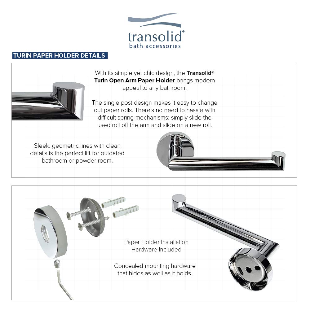 Transolid TPH-PC Turin Polished Chrome Paper Holder - Premium Bathroom Tissue Dispenser for Home & Office Use