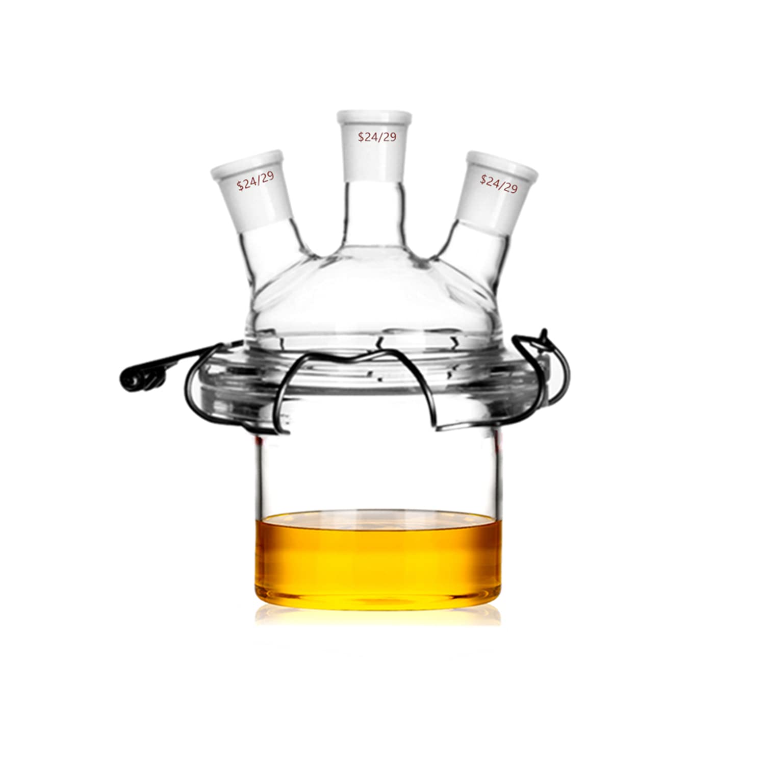 24/29 Flat Bottom Glass Reactor with 3 Necks - Laboratory Reaction Vessel with Glass Lid & Steel Clamp for Chemical Synthesis, Distillation, and Research Experiments