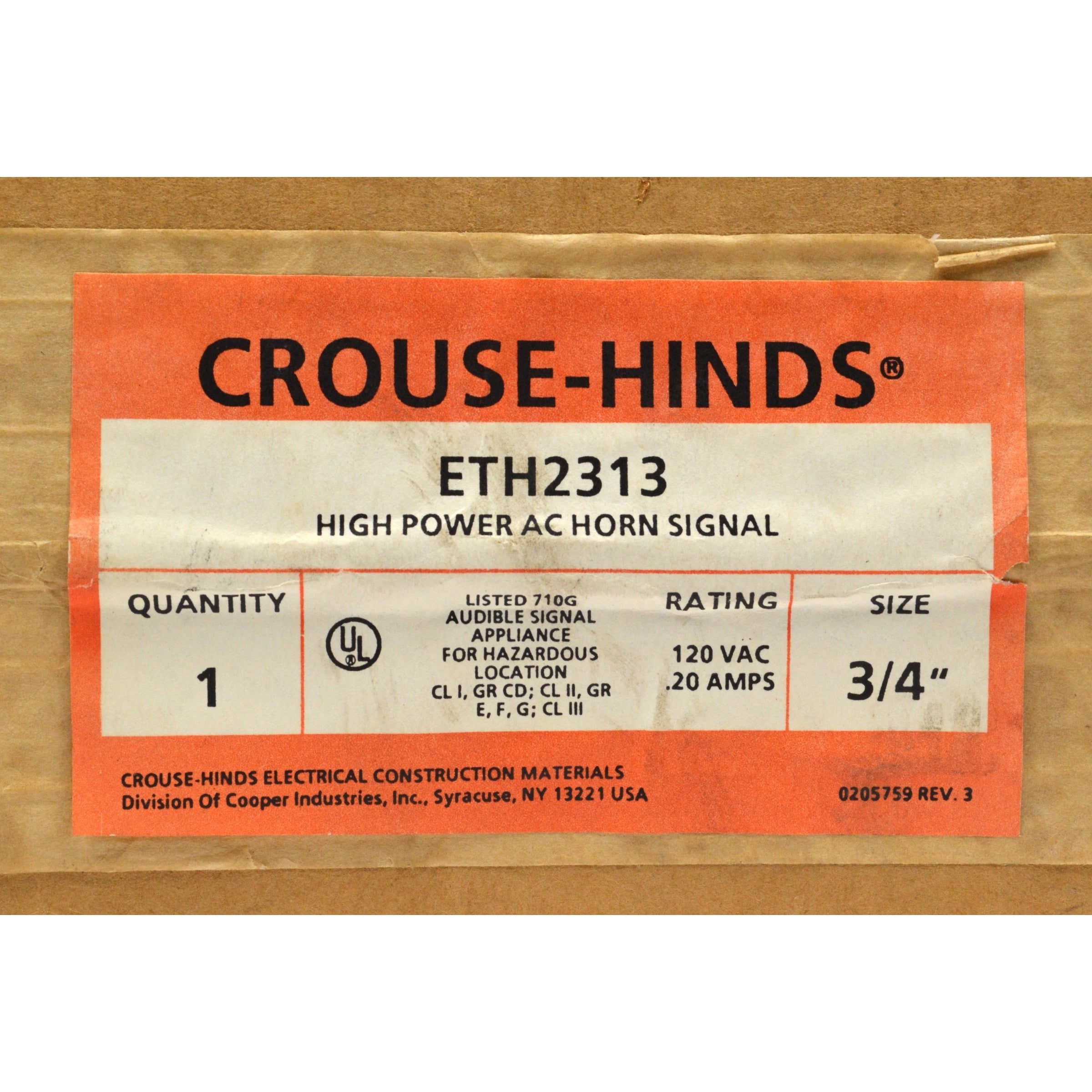 CROUSE HINDS ETH2313 High Power AC Horn Signal 120V 3/4