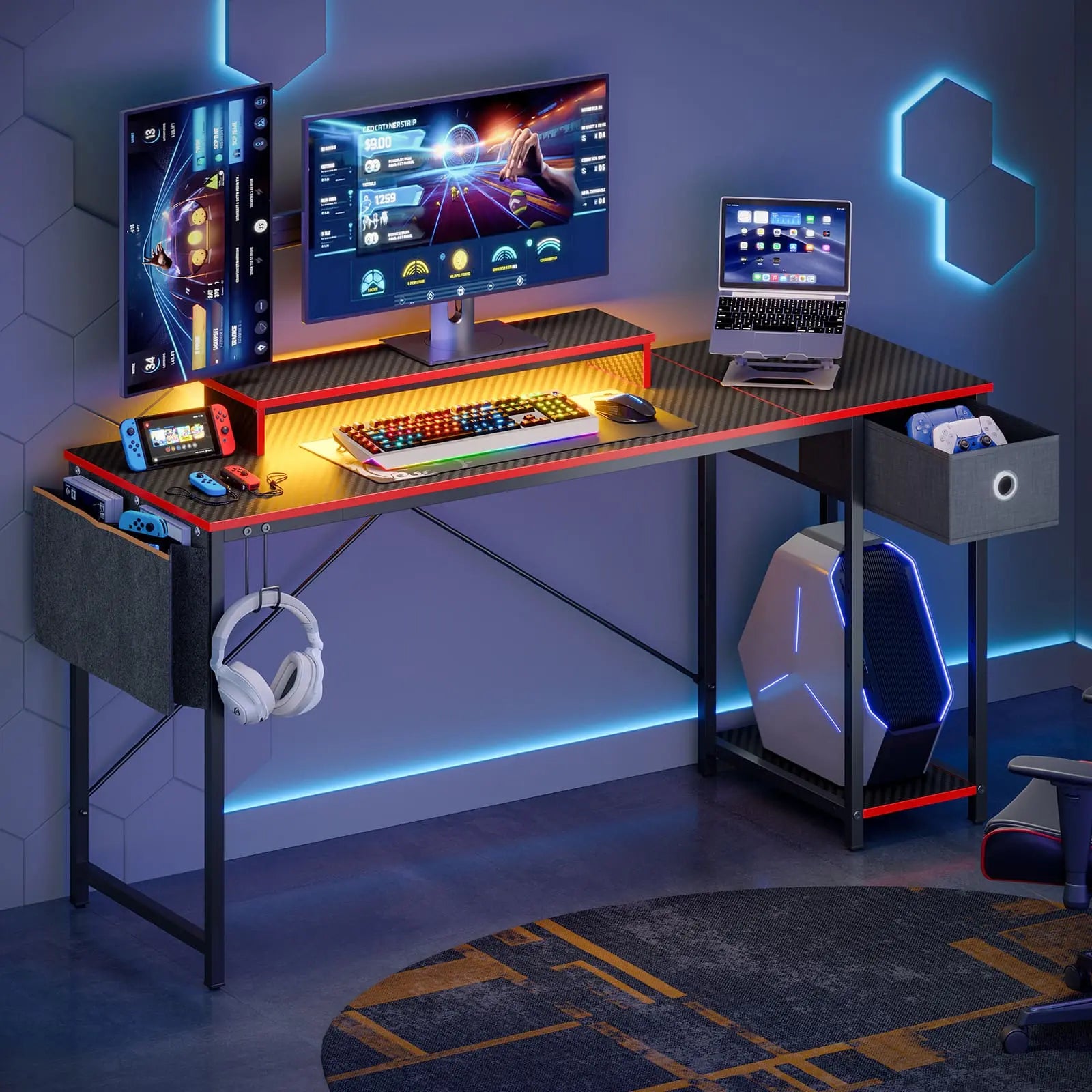 Bestier 61 Inch LED Computer Desk with Adjustable Shelves - Modern Home Office Desk for Work, Gaming & Study - Perfect for Small Spaces & Bedrooms