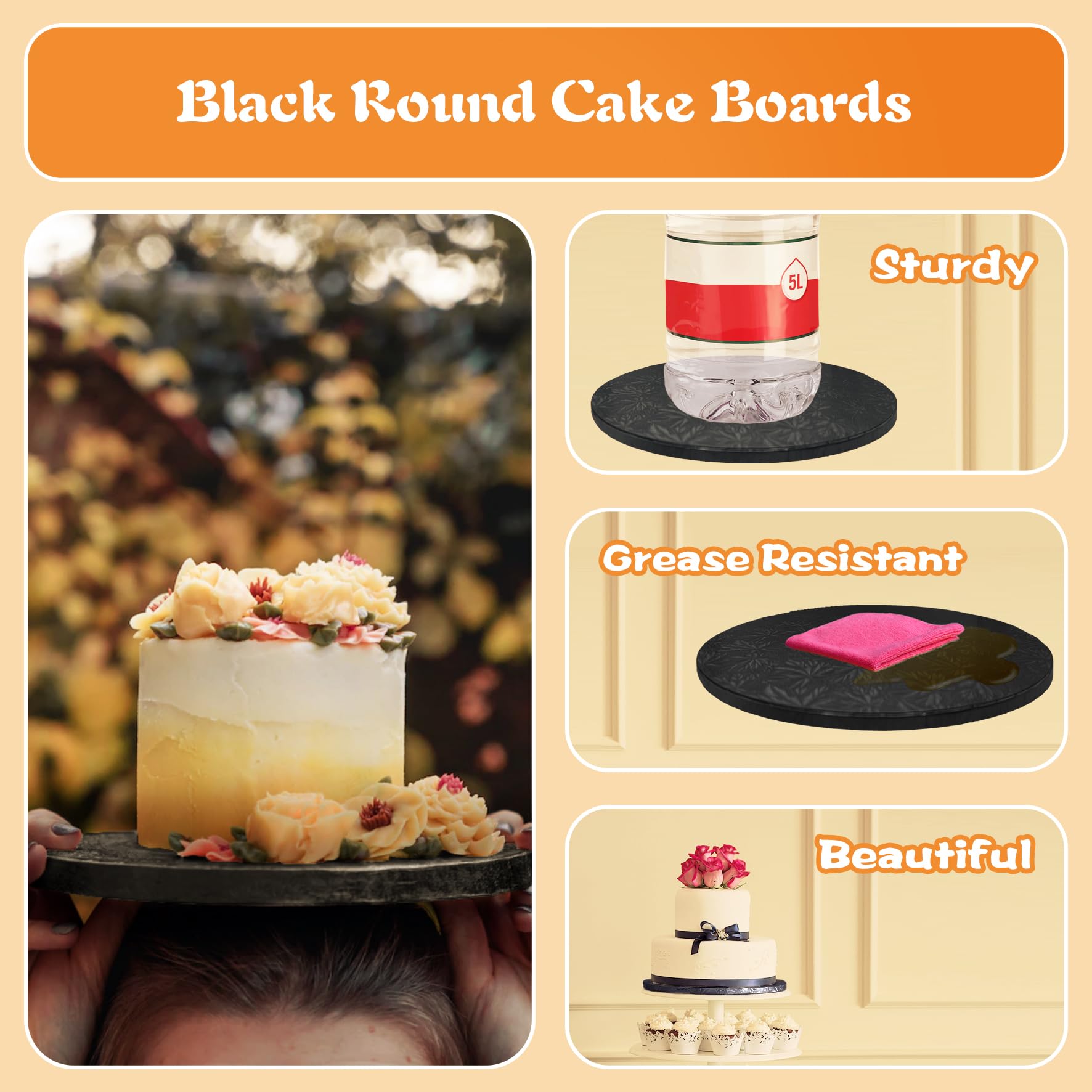 10 Inch Round Cake Drums (6-Pack) - 1/2 Inch Thick Black Cake Boards with Banner Topper - Sturdy & Greaseproof for Multi-Tiered Cakes - Perfect for Birthday, Wedding & Special Occasion Cakes by GoldenBakeryFamily
