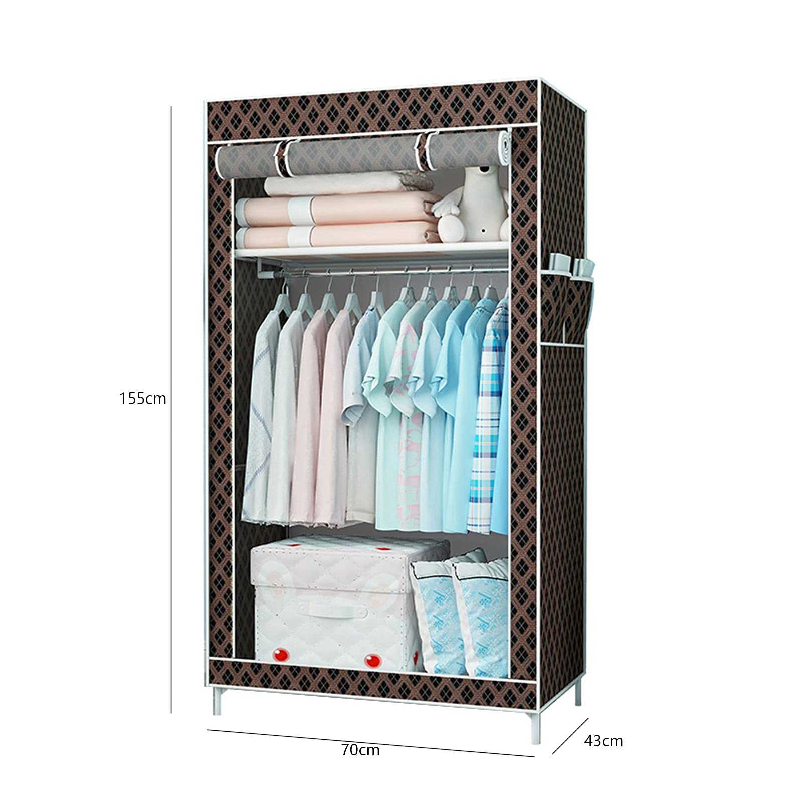 Portable Fabric Wardrobe Closet - Foldable Storage Organizer with Shelves & Hanging Space (155x43x70cm) for Bedroom, Dorm, Apartment - Space Saving Clothes Rack for Travel & Small Spaces
