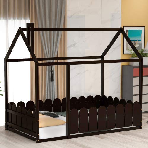 **Solid Wood Twin Bed Frame with Safety Fence - Cabin Style Floor Bed for Kids, Nursery Furniture & Play Tent - Espresso Finish - Perfect for Toddler Rooms, Montessori Bedrooms & Cozy Play Areas**