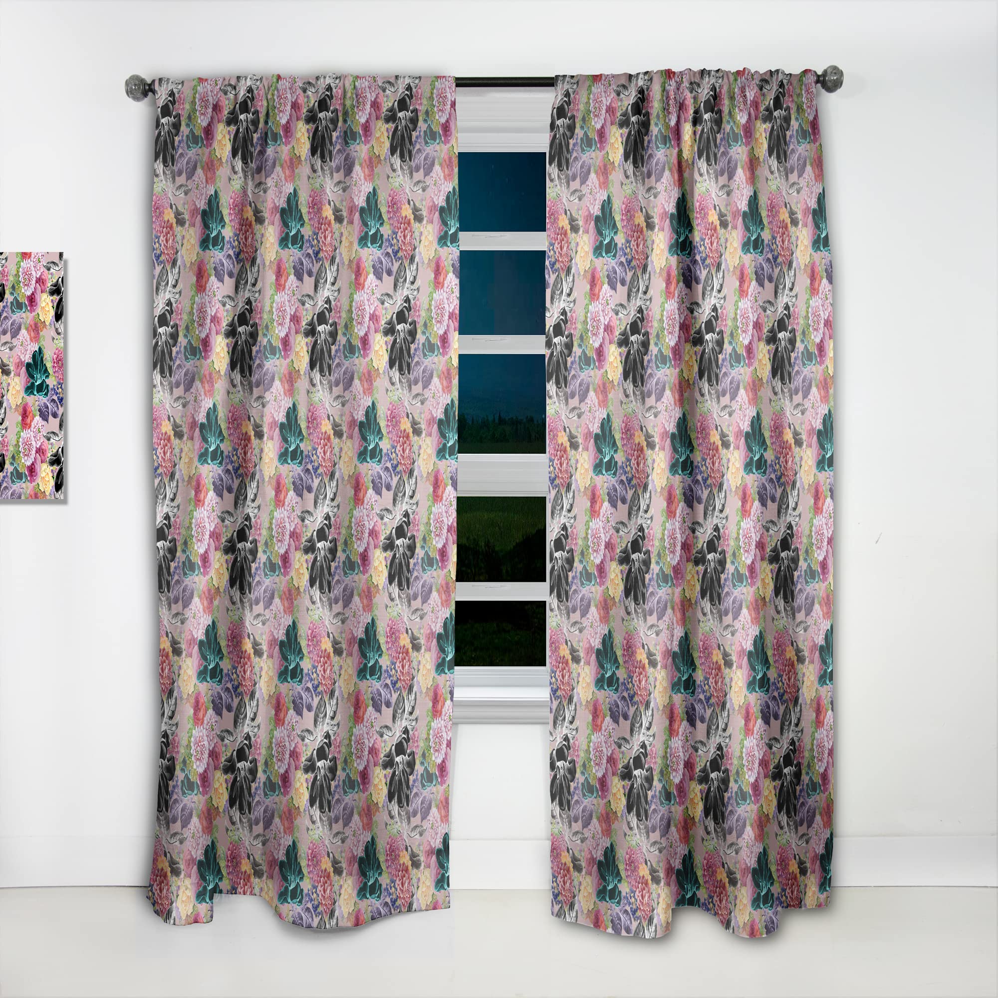 DesignQ Black Chrysanthemum & Blooming Roses Thermal Insulated Curtains - 52x120 Inch Single Panel Window Drapes for Bedroom & Living Room - Energy Saving, Light Blocking & Noise Reduction for Better Sleep & Privacy