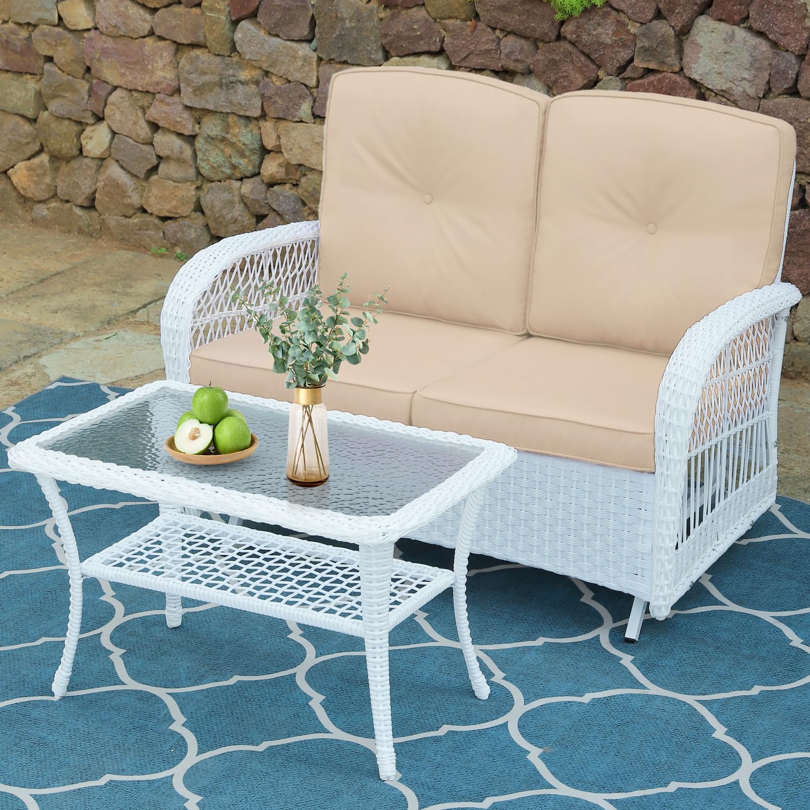 VIVIJASON 2-Piece White Wicker Loveseat Glider Set with Cushions - Outdoor Patio Conversation Furniture with 2-Seater Rocking Bench & Coffee Table - Perfect for Porch, Garden, Poolside, and Backyard Relaxation - Beige