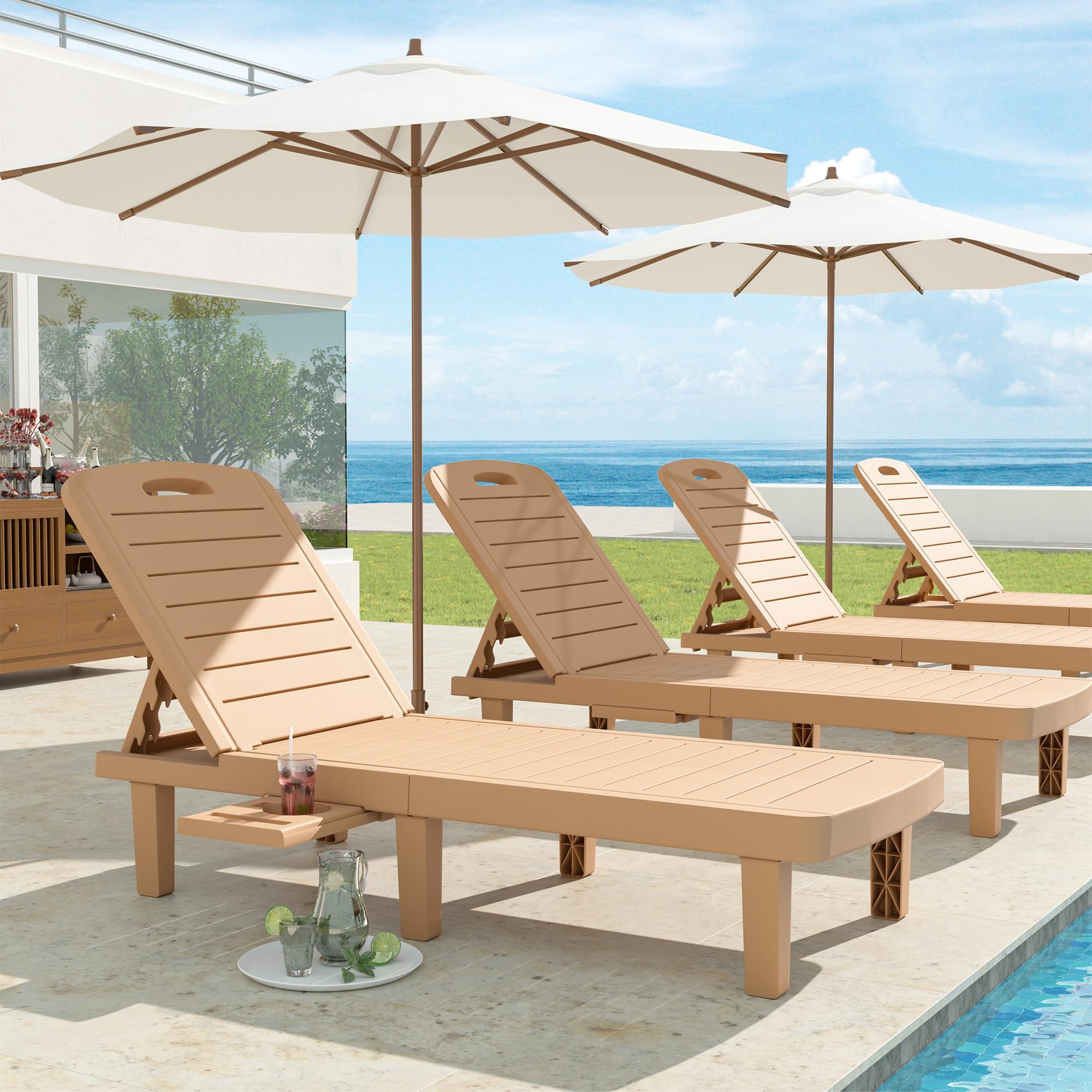 UDPATIO Oversized Waterproof Resin Pool Lounge Chairs Set of 2 - Adjustable 5-Level Backrest with Cup Holder Tray - Perfect for Patio, Lawn, Beach, Backyard, Deck & Poolside Relaxation