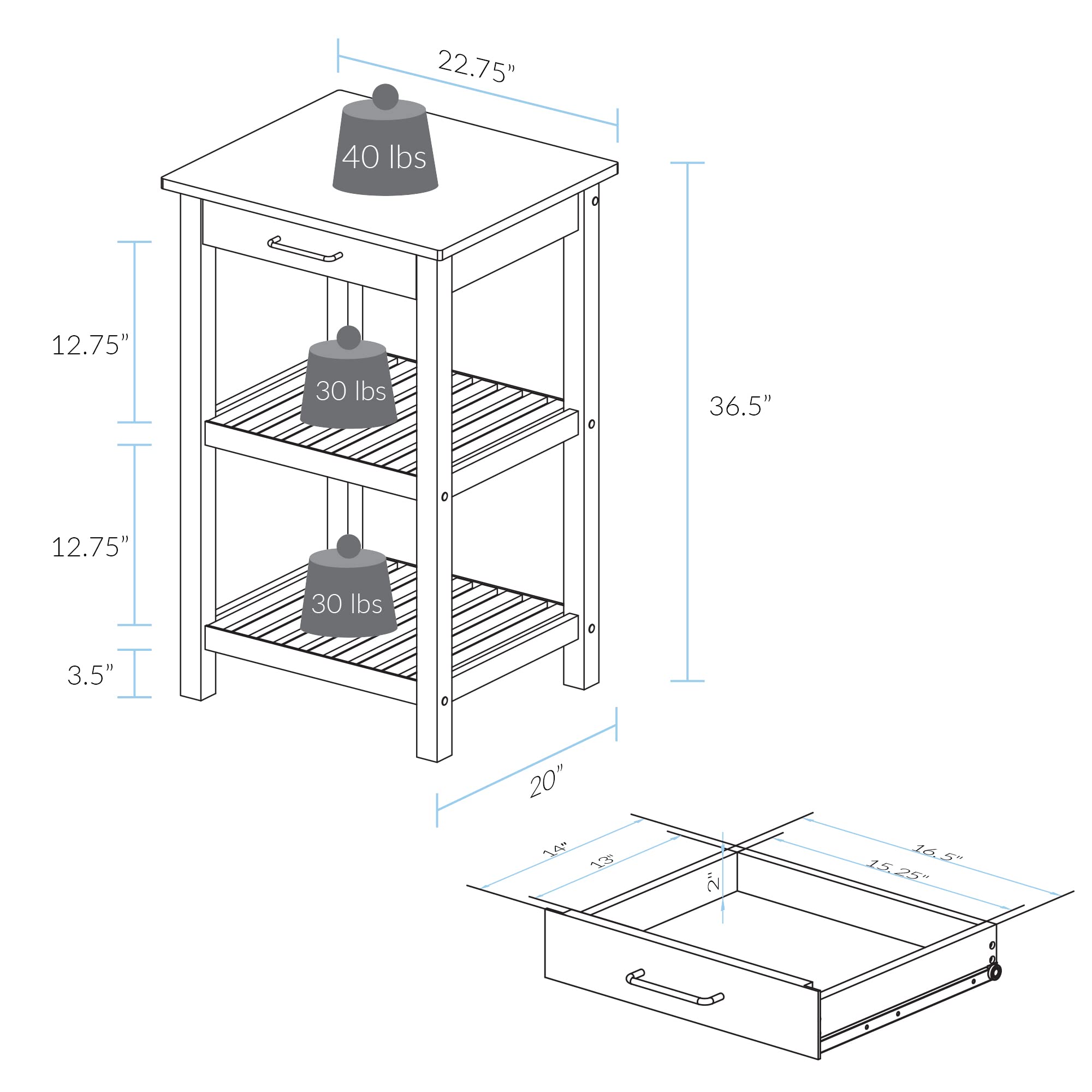 Casual Home Sunrise Small Kitchen Island with Solid Harvest Hardwood Top - 22.75 Inch Wide in Natural & White - Perfect for Small Kitchens, Breakfast Nooks, and Extra Counter Space