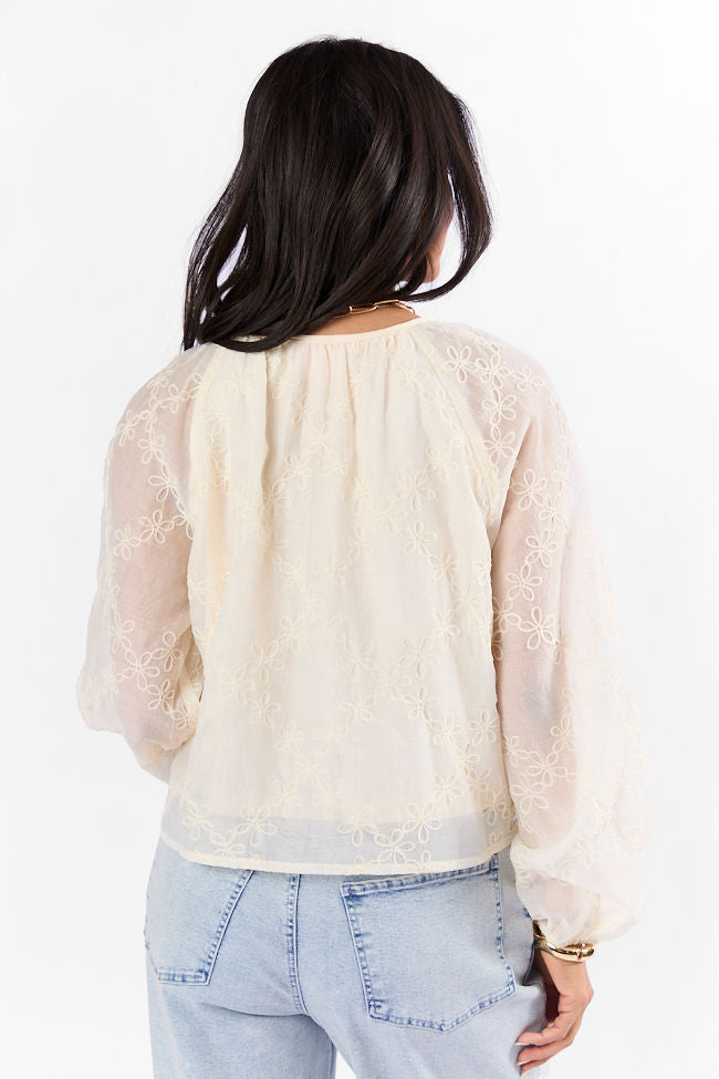 Face The Music Cream Embroidered Blouse for Women - Elegant Casual Top with Floral Embroidery | Perfect for Office Wear, Date Night & Spring Outfits