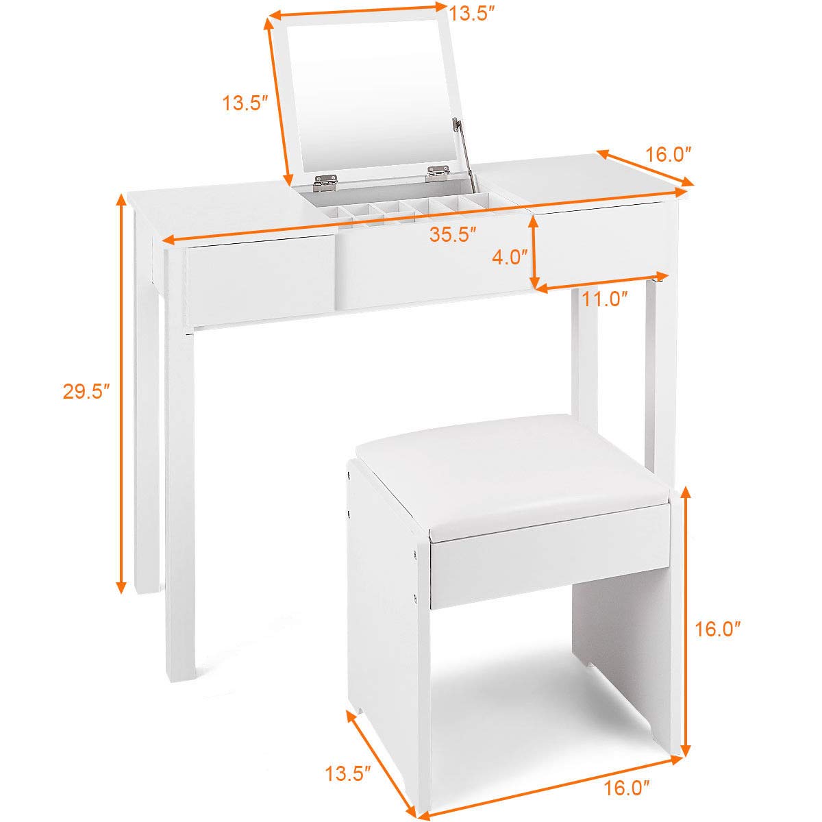 Casart White Bathroom Vanity Dressing Table with Flip Top Mirror, 2 Drawers & 3 Removable Organizers - Perfect for Small Spaces, Makeup Storage & Home Organization