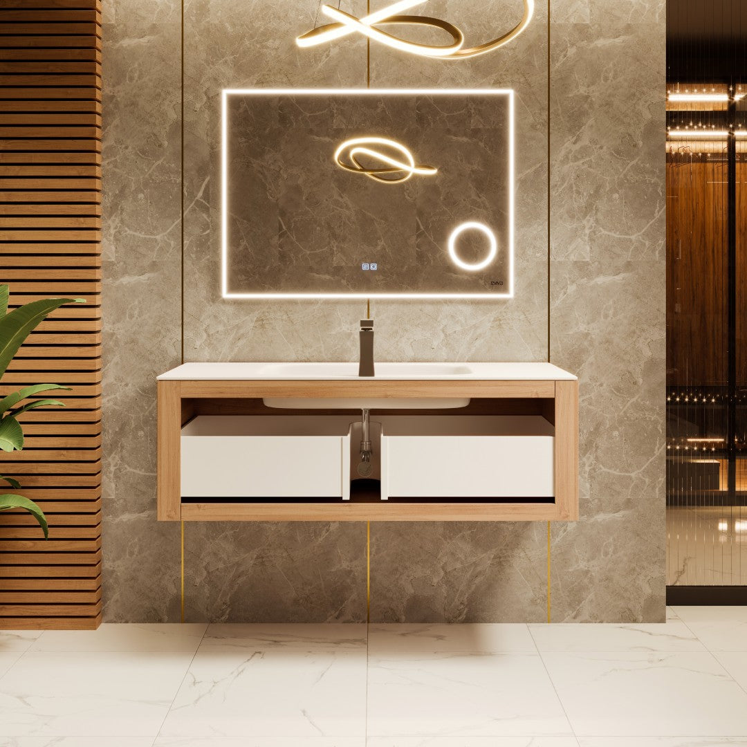 Leah 39-Inch Medium Oak Wall Mount Single Sink Bathroom Vanity with Solid Surface Top & Integrated Sink - Perfect for Small Bathrooms & Powder Rooms